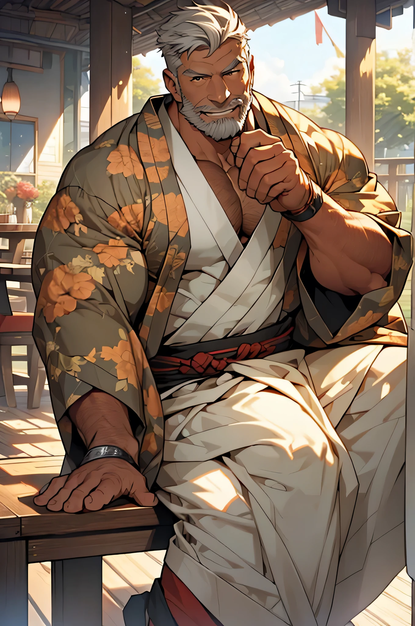 Middle-aged men,0s),Bristles,chest hair,Masculine face,Long Hair,half up hair,Slightly tanned skin,kimono,Open the chest,Muscular,burly,(best quality),(8K),((extremely detailed)),masterpiece,(ultra quality),(beautiful right),smile,((alone)),((high quality face)),((face close up)),bring the camera closer,((((high resolution)))),(Middle Age),gray hair,Sit on the veranda,Background is indoors