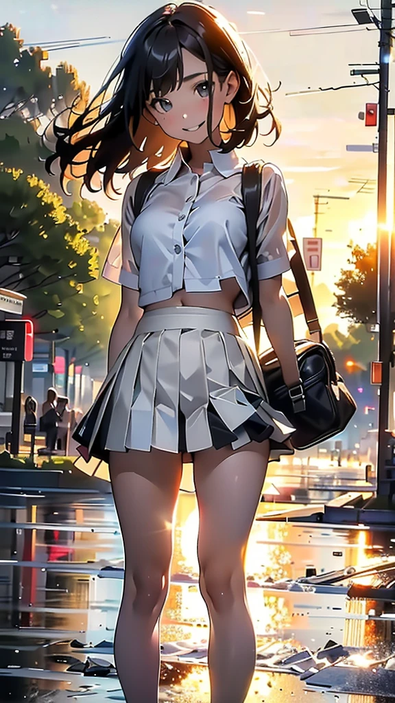 (8K, RAW Photos, 最high quality, masterpiece:1.2), high qualityのRAWカラー写真, Professional photo shoot, Cinematic Light, alone, (((young woman, Gal))), (Sharp features), (Small face), (Skin with attention to detail:1.2), clavicle, Cute face, Beautiful appearance, Long eyelashes,Girl Turning Around, smile, (Black Hair, Bobcut、), Open white shirt、belly button, Very short grey pleated mini skirt, Black sneakers, Backpack, Night Park, Confident attitude, Capture the happy moment, Artistic painting,Attractive thighs, (Very nice touch:1.2),はにかんだsmile), Peaceful atmosphere, Oil painting style, Bright colors, (Are standing:1.5, Sunrise Coast, Full body portrait), Smooth texture, Gazing Eyes, Beautiful Skin, Shiny skin, ((Perfect Fingers, Five Fingers, Anatomically correct)), Background Blur, high quality, Surreal, ((Very detailed, photo shoot)),Many people々々、blush、plump、White skin、A bag full of stuffed toys、((Backlight))、Beautiful Eyes、Face close-up、Transparent pleated skirt、Transparent shirt、Fluttering in the wind