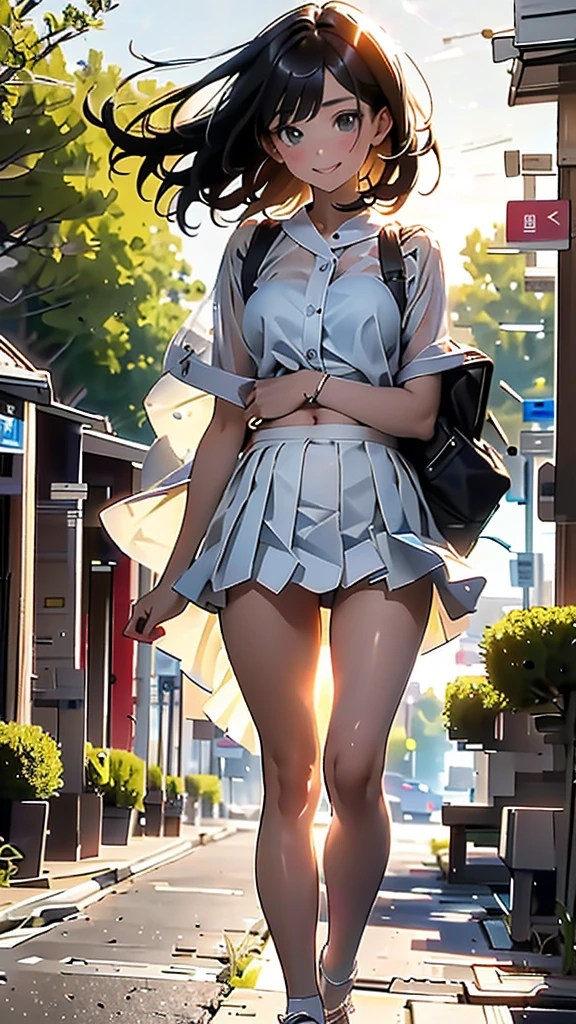 (8K, RAW Photos, 最high quality, masterpiece:1.2), high qualityのRAWカラー写真, Professional photo shoot, Cinematic Light, alone, (((young woman, Gal))), (Sharp features), (Small face), (Skin with attention to detail:1.2), clavicle, Cute face, Beautiful appearance, Long eyelashes,Girl Turning Around, smile, (Black Hair, Bobcut、), Open white shirt、belly button, Very short grey pleated mini skirt, Black sneakers, Backpack, Night Park, Confident attitude, Capture the happy moment, Artistic painting,Attractive thighs, (Very nice touch:1.2),はにかんだsmile), Peaceful atmosphere, Oil painting style, Bright colors, (Are standing:1.5, Sunrise Coast, Full body portrait), Smooth texture, Gazing Eyes, Beautiful Skin, Shiny skin, ((Perfect Fingers, Five Fingers, Anatomically correct)), Background Blur, high quality, Surreal, ((Very detailed, photo shoot)),Many people々々、blush、plump、White skin、A bag full of stuffed toys、((Backlight))、Beautiful Eyes、Face close-up、Transparent pleated skirt、Transparent shirt、Fluttering in the wind