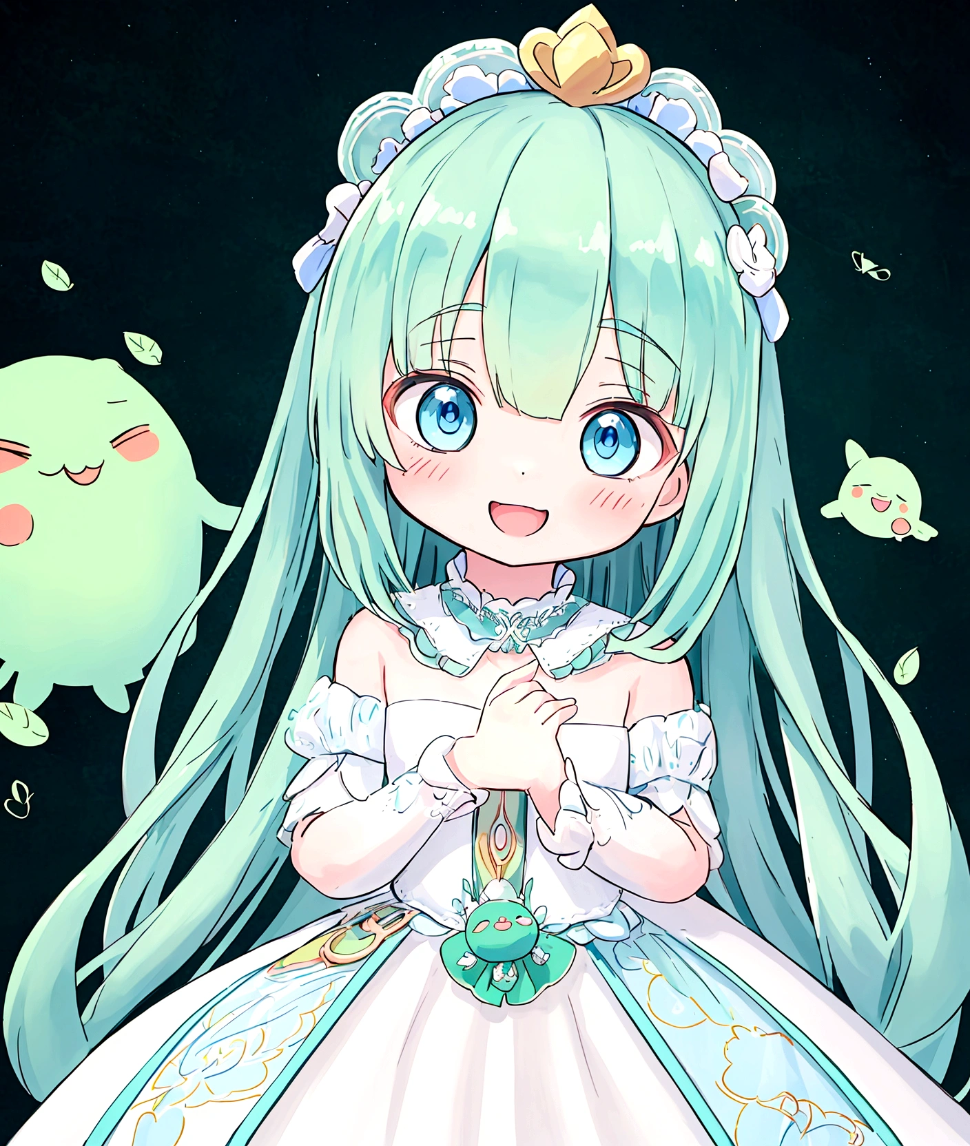 One person、,Baby Face, ((Anime Girls)), Green Face、Light blue long hair、White dress、、Flat chest、Very detailed, ((masterpiece, Highest quality;1.3)) , An innocent smile、laughing、whole body