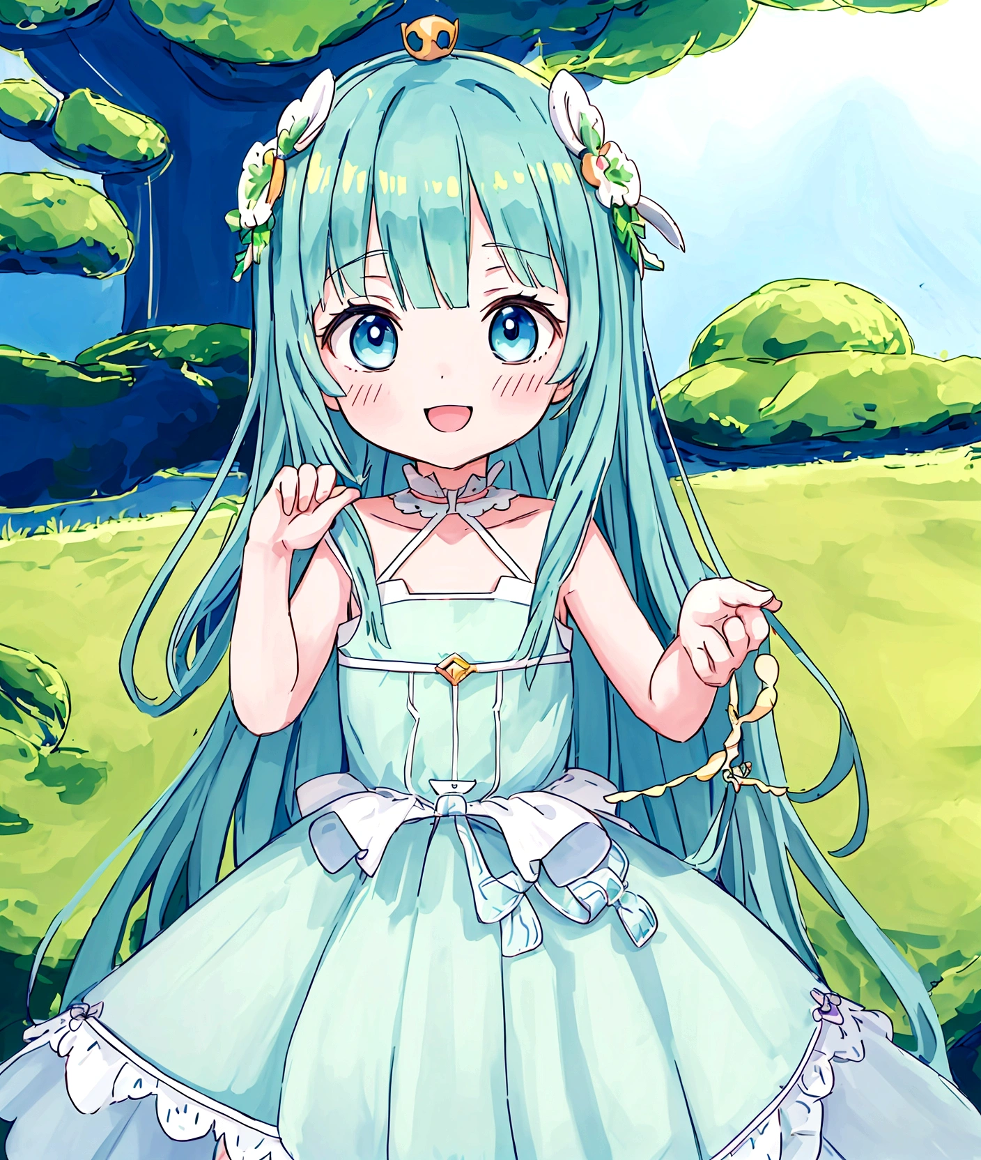 One person、,Baby Face, ((Anime Girls)),　Green Face、Light blue long hair、White dress、、Flat chest、Very detailed, ((masterpiece, Highest quality;1.3)) , An innocent smile、laughing、whole body