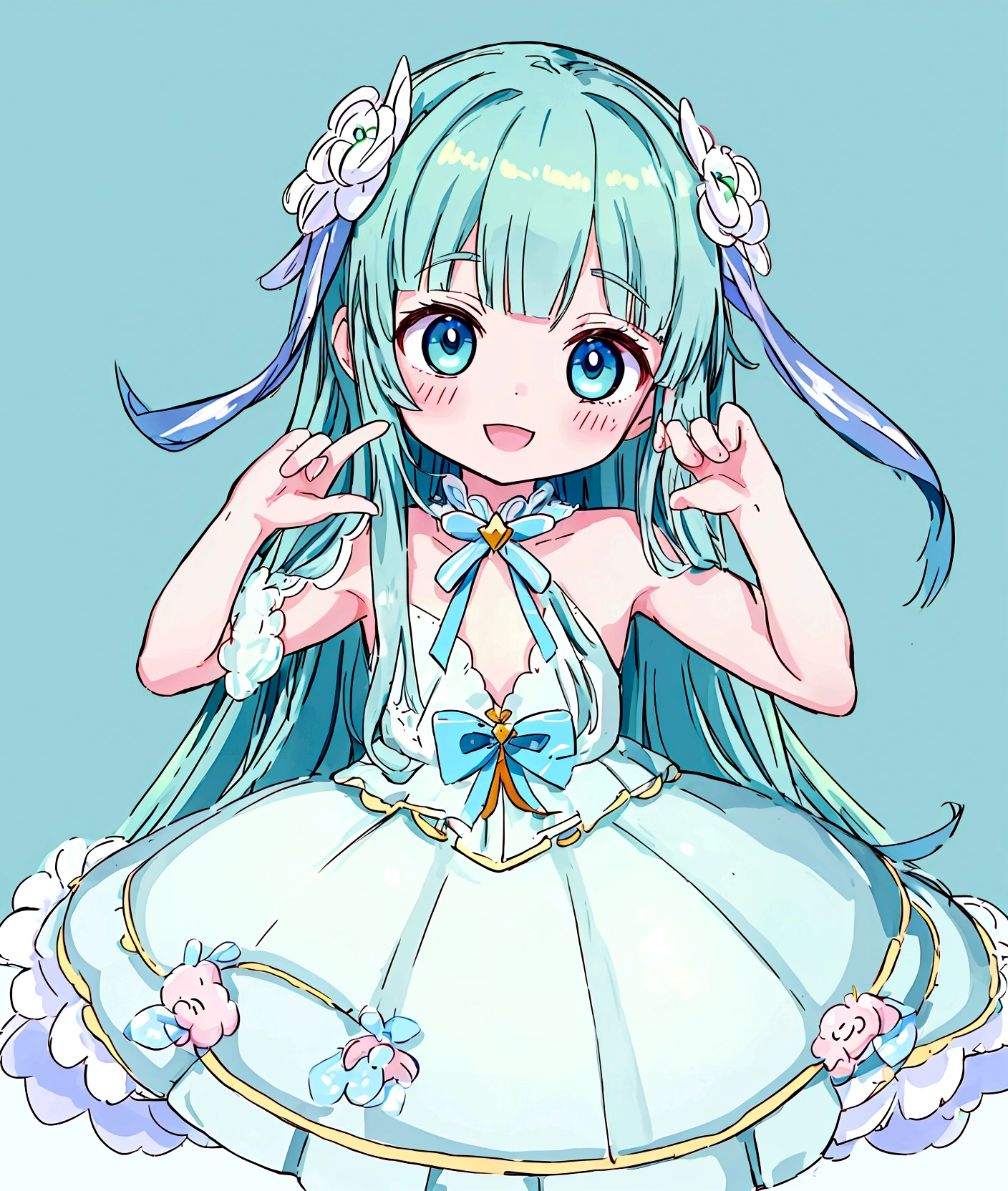 One person、,Baby Face, ((Anime Girls)),　Green Face、Light blue long hair、White dress、、Flat chest、Very detailed, ((masterpiece, Highest quality;1.3)) , An innocent smile、laughing、whole body