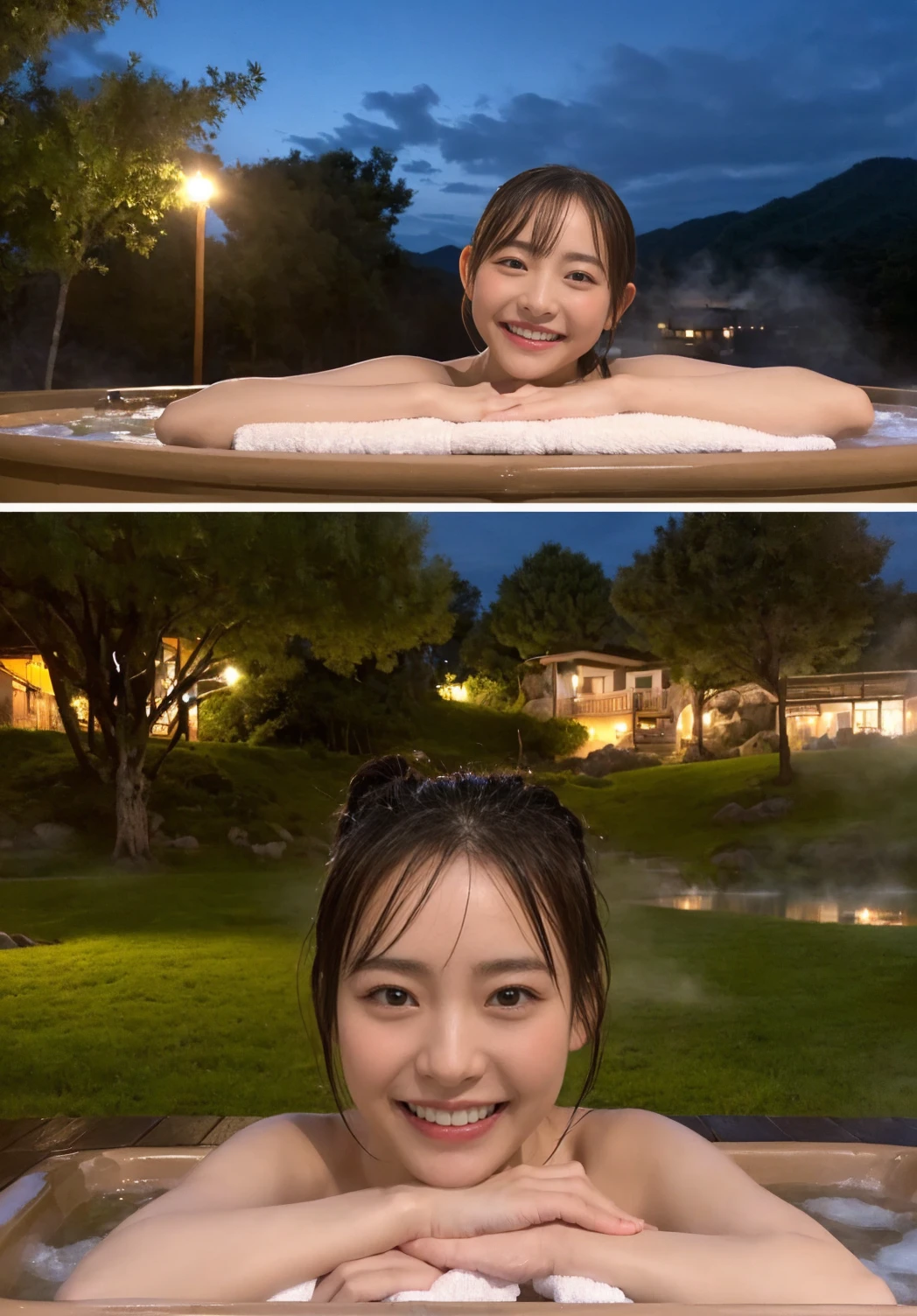 (Landscape、、RAW Photos、Highest quality、masterpiece:1.2)、(Realistic、Realistic)、1 Girl、((hot spring、night、hot spring、Relaxing after a bath、Roll up a towel、View from the front、smile、Look at the camera and smile、stand))、cute