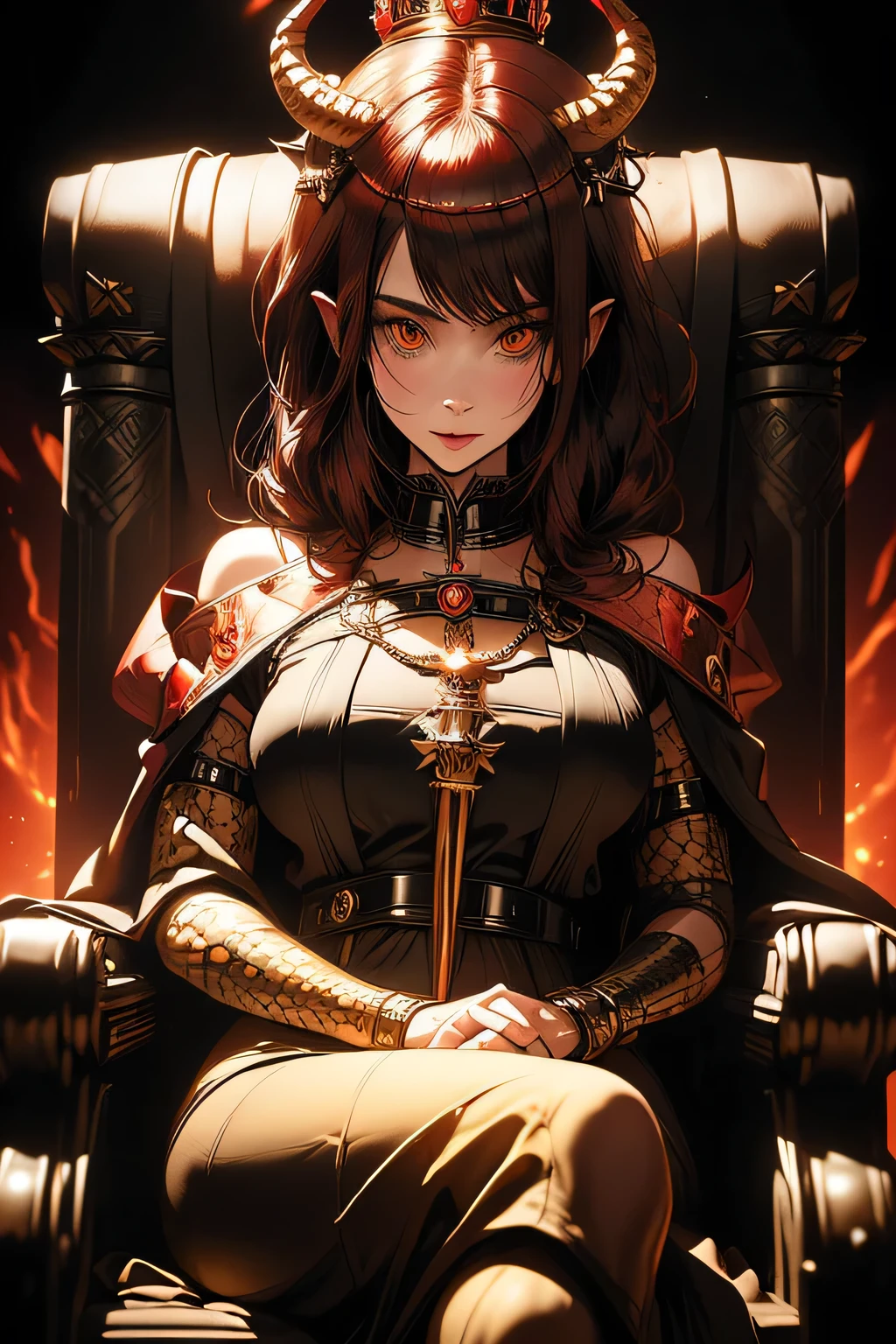 (masterpiece, best quality, detailed), 1girl, solo, looking at viewer, ShizukuDef, glowing red eyes, black hair, short hair, large breasts, breasts, medium breasts, glowing, magic, aura, energy, indoors, throne room, throne, pillar, banner, red wall, stone wall, sitting, crossed legs,((horns)),((crown on head )),((a pet snake around throne))
