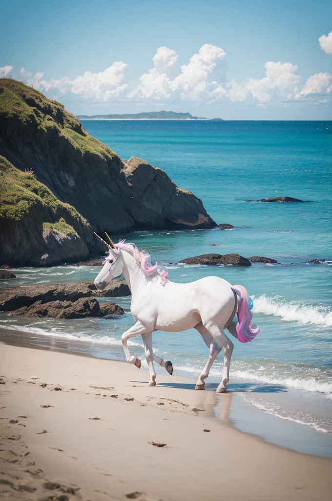 Unicorn traveling on the beach