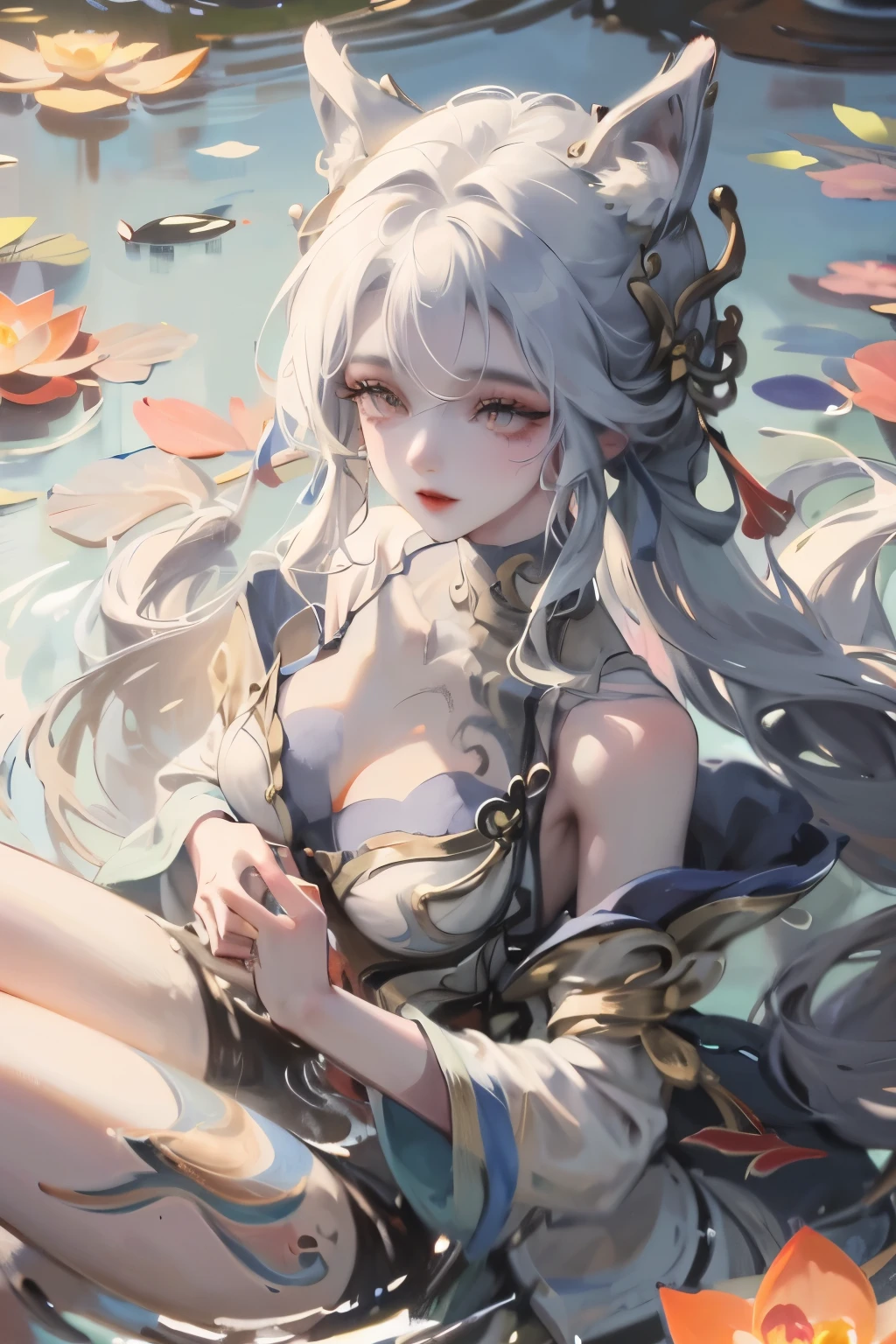 absurd, high resolution, Extremely detailed, (1 Girl:1.3), Hand Painted, Simple lines, 16-year-old girl wearing colorful Chinese Hanfu, Sexy fox ears girl, By the lotus pond, masterpiece, sitting in water, Floating clothes, Flowing hair