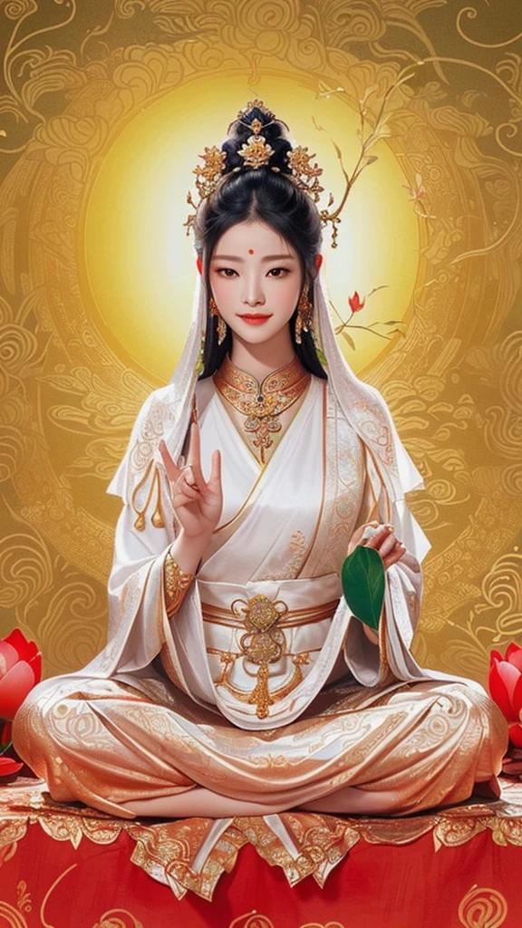 a woman sitting on a lotus with a vase and a leaf in her hand, guanyin, bodhisattva, contented female bodhisattva, goddess of love and peace, goddess of wisdom, buddhist, wear white dress