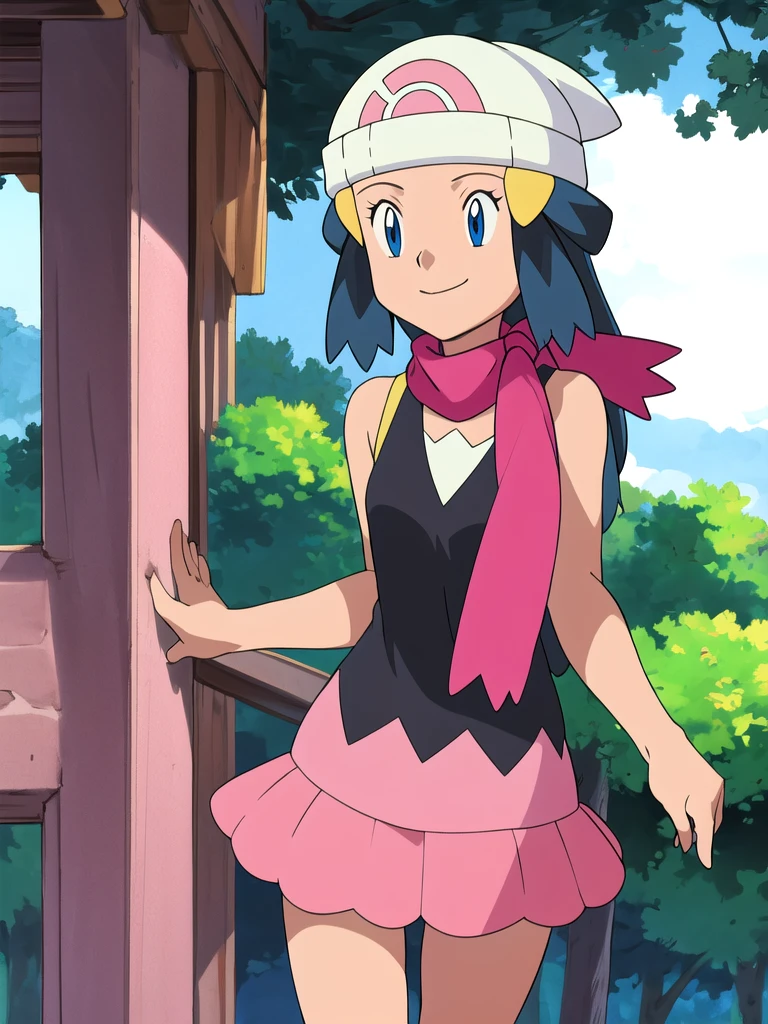 masterpiece, best quality, highres, 1girl, solo, dawn (pokemon), pink scarf, black shirt, pink skirt, hat, outdoors, bare shoulders,smile