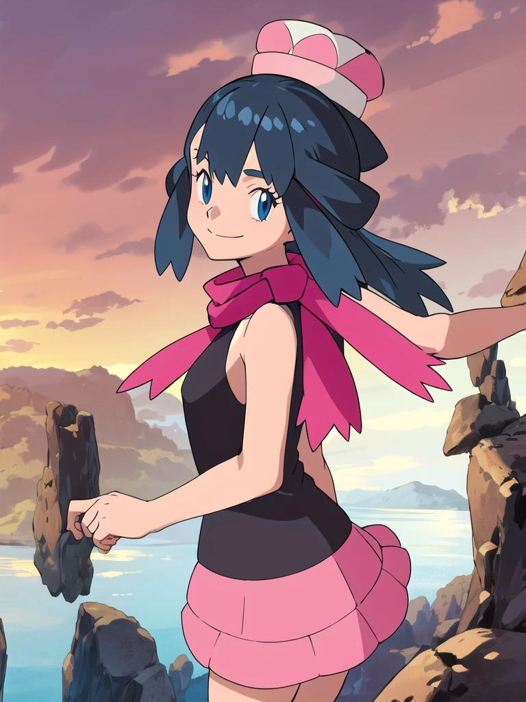 masterpiece, best quality, highres, 1girl, solo, dawn (pokemon), pink scarf, black shirt, pink skirt, hat, outdoors, bare shoulders,smile