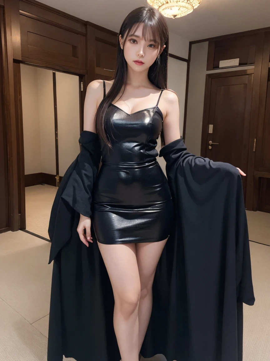 RAW photo,award winning photo,(masterpiece:1.3),(best quality,ultra detailed,intricate),professional photography,professional lighting,HDR,High Dynamic Range,(((photo realistic,ultra realistic,photorealistic,8k uhd))),beautiful and aesthetic,slim waist,sexy,looking to the viewer,looking gorgeous,22 years old slim stunning woman,gorgeous japanese woman,subsurface scattering,detailed face,hotify,prettify,(prettyeyes:1.2),open bright eyes,kkw-skin-det,AS-Adult, huge breasts, long hair, full body , wearing edgTemptation , indoors, luxurious hotel,