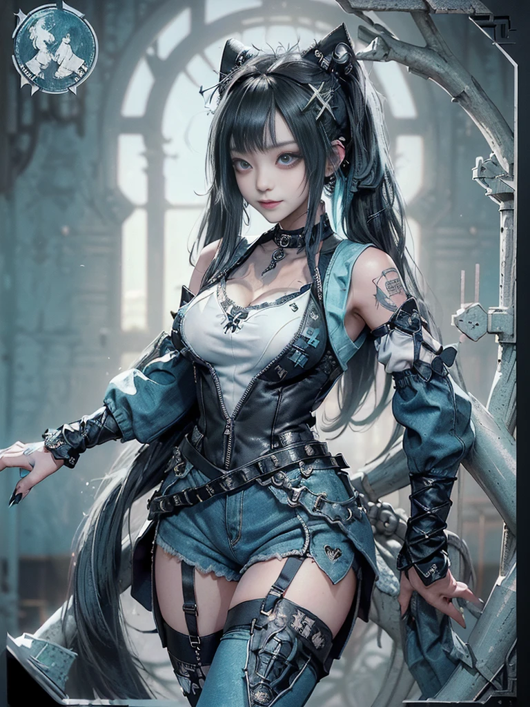 (Full body view:1.4)、(Full Body View:1.4)、(Side view:1.1)、(Smiling with teeth showing:1.3),(Shibuya Gal:1.5)、(Maid café clerk:1.5)、(Punk RockVisual Kei:1.4)、(Turquoise, navy and denim medieval noble zip up:1.5)、(Navy and white arm covers and bugle pants:1.5)、(Blue high heels:1.3)、(Wearing silver accessories:1.5)、(Dark brown collar:1.4)、(Leather garter belt:1.4)、(Brown Skin Belt:1.3)、(Black lace underwear:1.5)、20-year-old、NSFW、((Highest quality、In 8K、masterpiece:1.3))、Sharp focus:1.2、(Layered Cut、Huge boobs:1.1),Beautiful woman with perfect figure:1.4、(Doing an aerobics pose:1.3)、Slender Abs:1.2、Highly detailed face and skin texture、Detailed eyes、double eyelid,(Twin tails:1.3)、(Black Hair:1.3)、Gravure idol、(A fairytale-like cafe with a lush tree background:1.3)、(Slim body:1.3),(Make your legs thinner:1.4),(Thin, thin thighs:1.3)、（clavicle:1.1）