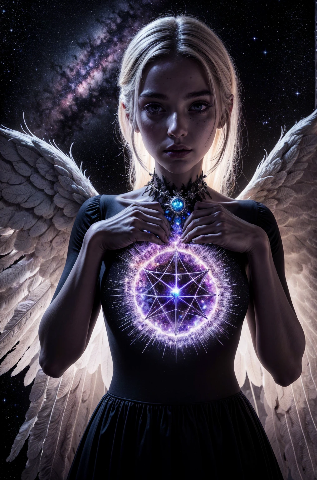 (Masterpiece), (Best Quality: 1.4), absurdities, [:intricate details:0.2],witch, angel wings, milky way, sky, bright aura, intense focus, crackling energy, mysterious symbols, bright specks,Paticulas,many details