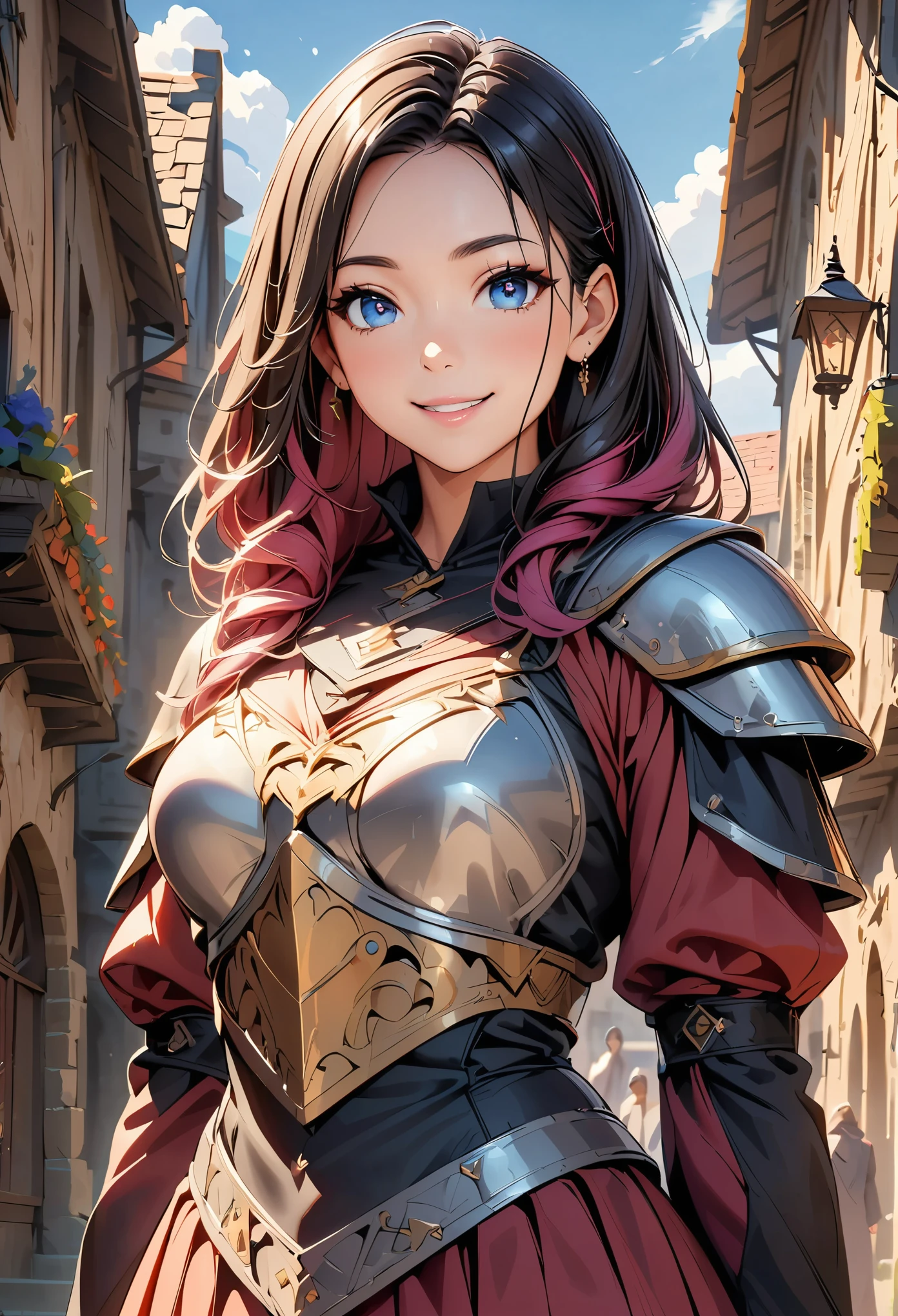 Woman with colored hair and detailed armor in medieval paladin dress, Beautiful detailed eyes, Beautiful detailed lips, Highly detailed eyes and face, Long eyelashes, Accurate Fingers, Are standing, smile, Medieval town with castle in the background, (masterpiece:1.2, Highest quality, 4K, 8K, Ultra-high resolution, Super detailed), (Detailed digital illustration, Anime Style),
