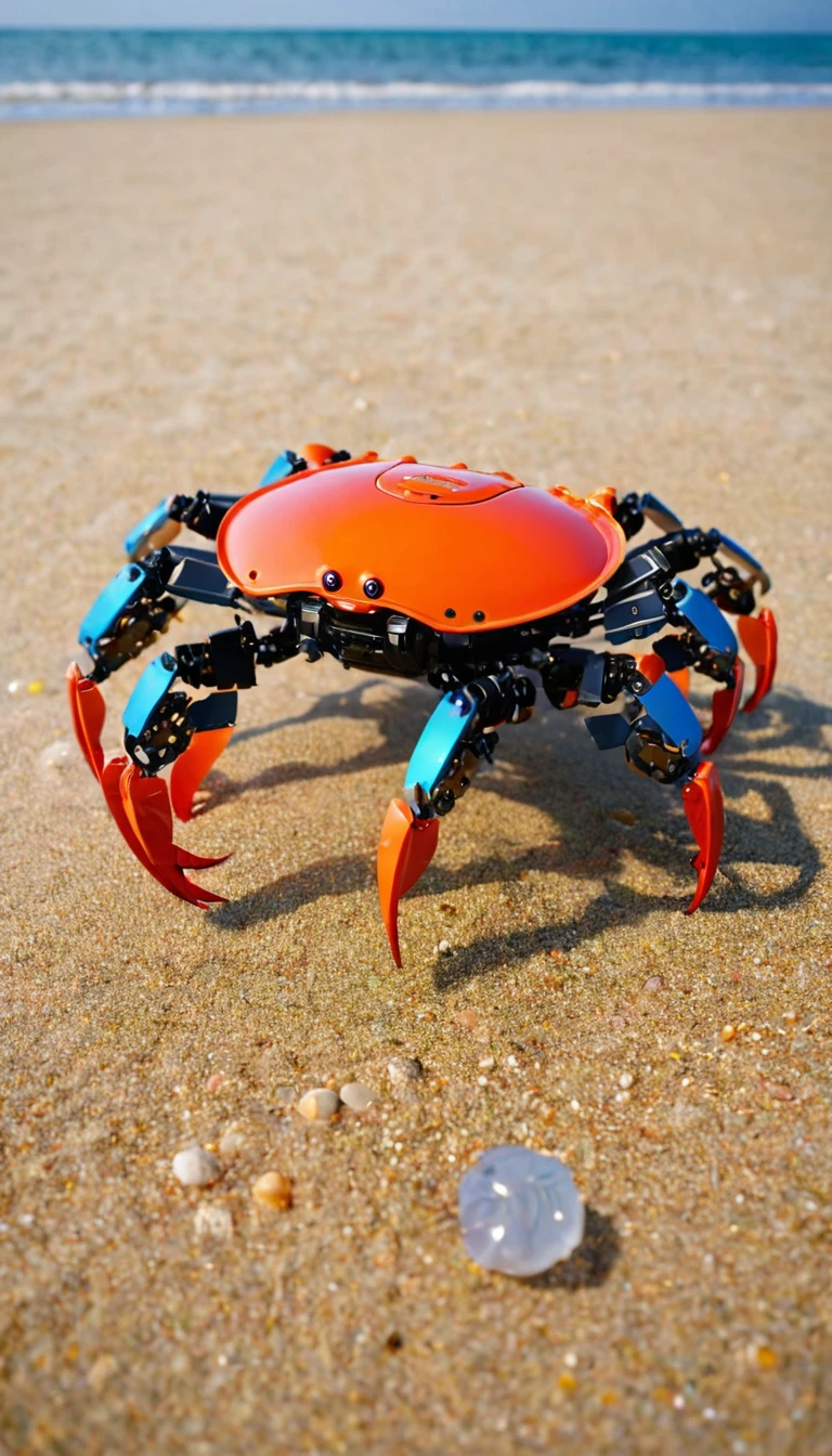 Crab robots line up on the beach AI Crabbots maintain the realistic appearance of crabs、Partially transparent design allows you to see the internal mechanism。 A depiction of nanotechnology embedded within a robot's body。