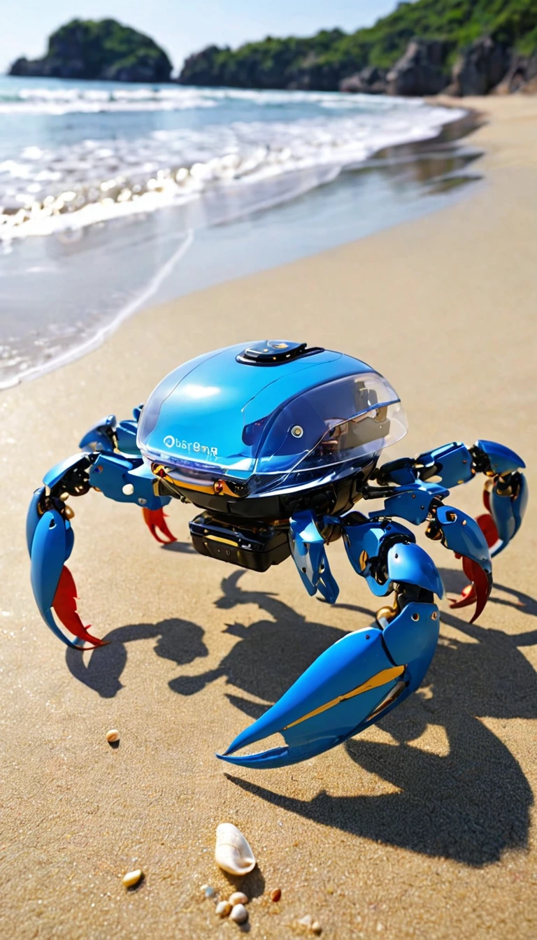 Crab robots line up on the beach AI Crabbots maintain the realistic appearance of crabs、Partially transparent design allows you to see the internal mechanism。 A depiction of nanotechnology embedded within a robot&#39;s body。