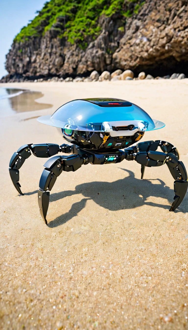 Crab robots line up on the beach AI Crabbots maintain the realistic appearance of crabs、Partially transparent design allows you to see the internal mechanism。 A depiction of nanotechnology embedded within a robot&#39;s body。