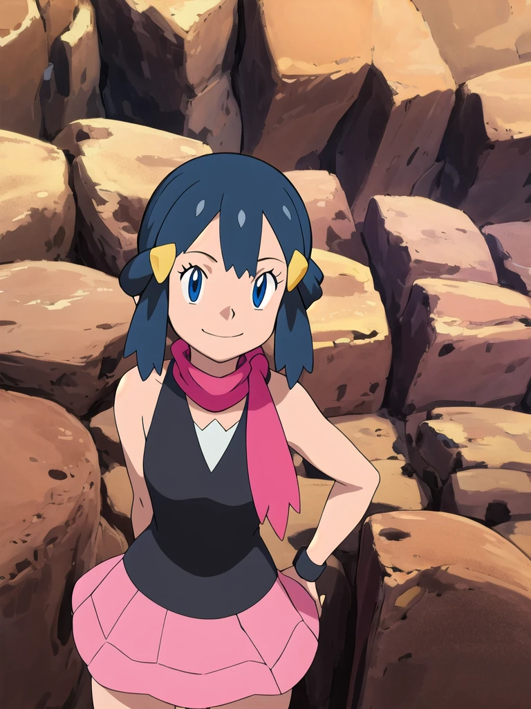 masterpiece, best quality, highres, 1girl, solo, dawn (pokemon), pink scarf, black shirt, pink skirt, hat, outdoors, bare shoulders,smile