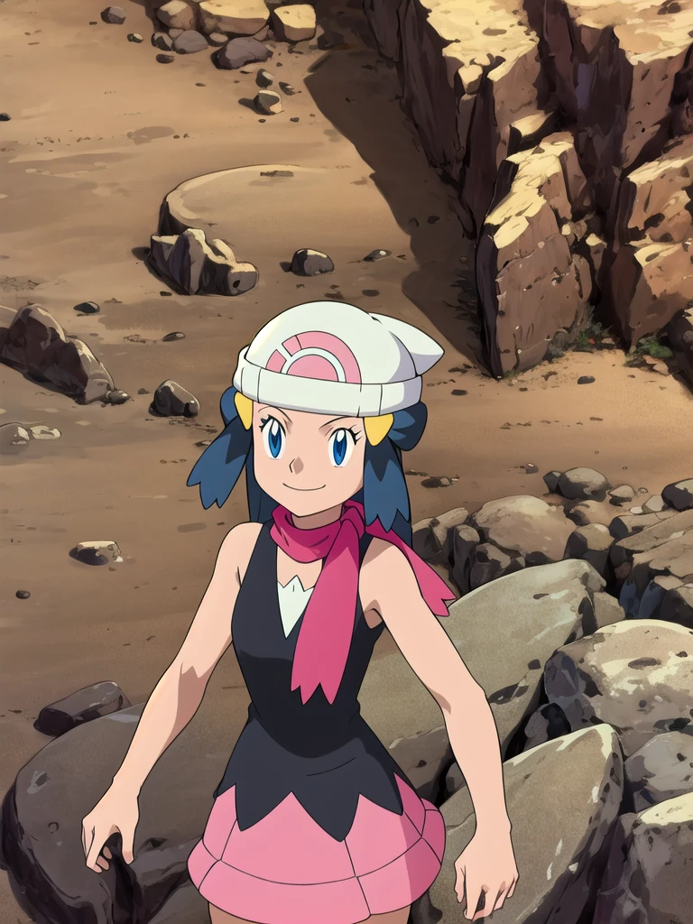 masterpiece, best quality, highres, 1girl, solo, dawn (pokemon), pink scarf, black shirt, pink skirt, hat, outdoors, bare shoulders,smile