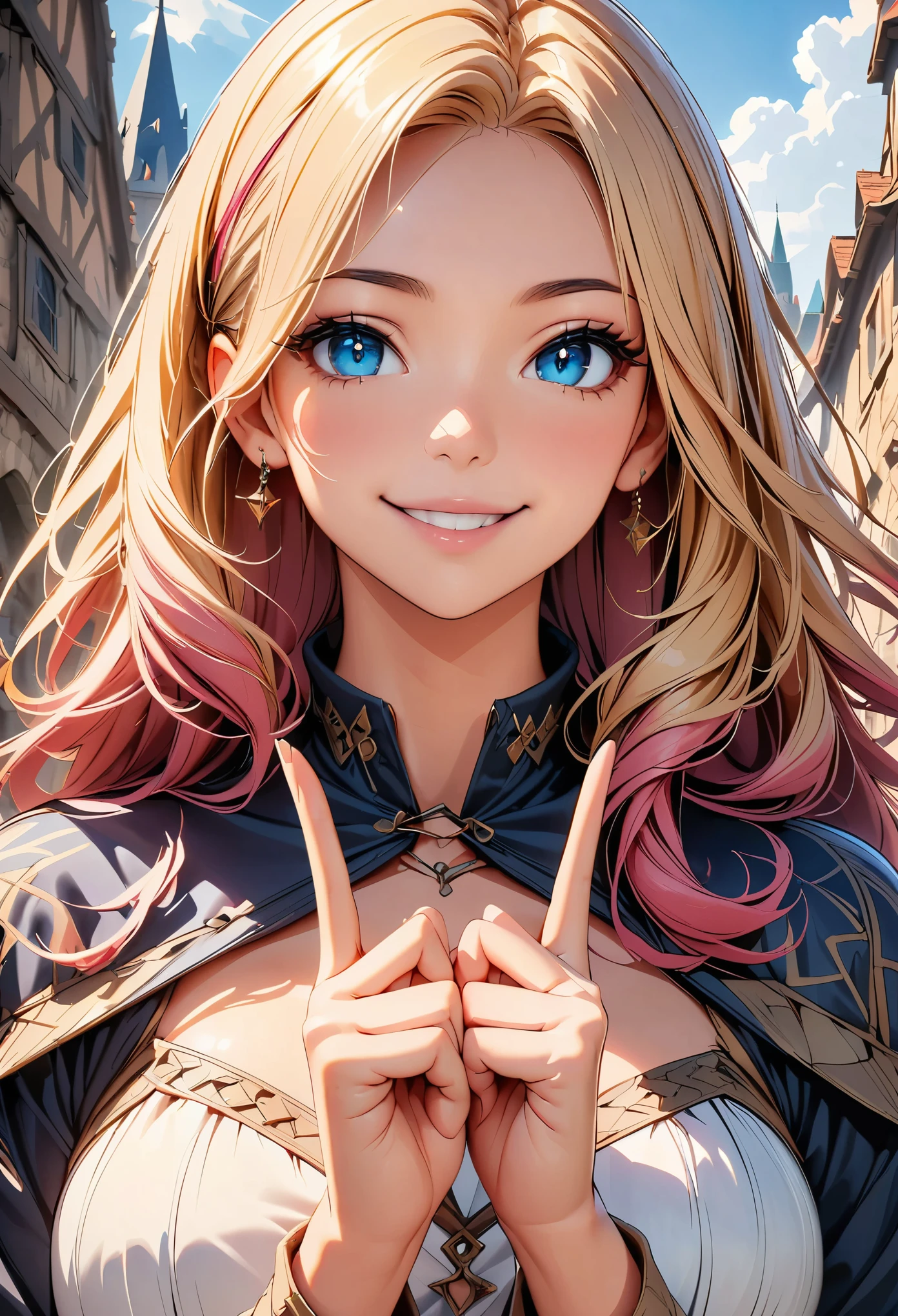 Woman with colored hair and detailed armor in medieval paladin dress, Beautiful detailed eyes, Beautiful detailed lips, Highly detailed eyes and face, Long eyelashes, Accurate Fingers, Are standing, smile, Medieval town with castle in the background, (masterpiece:1.2, Highest quality, 4K, 8K, Ultra-high resolution, Super detailed), (Detailed digital illustration, Anime Style),