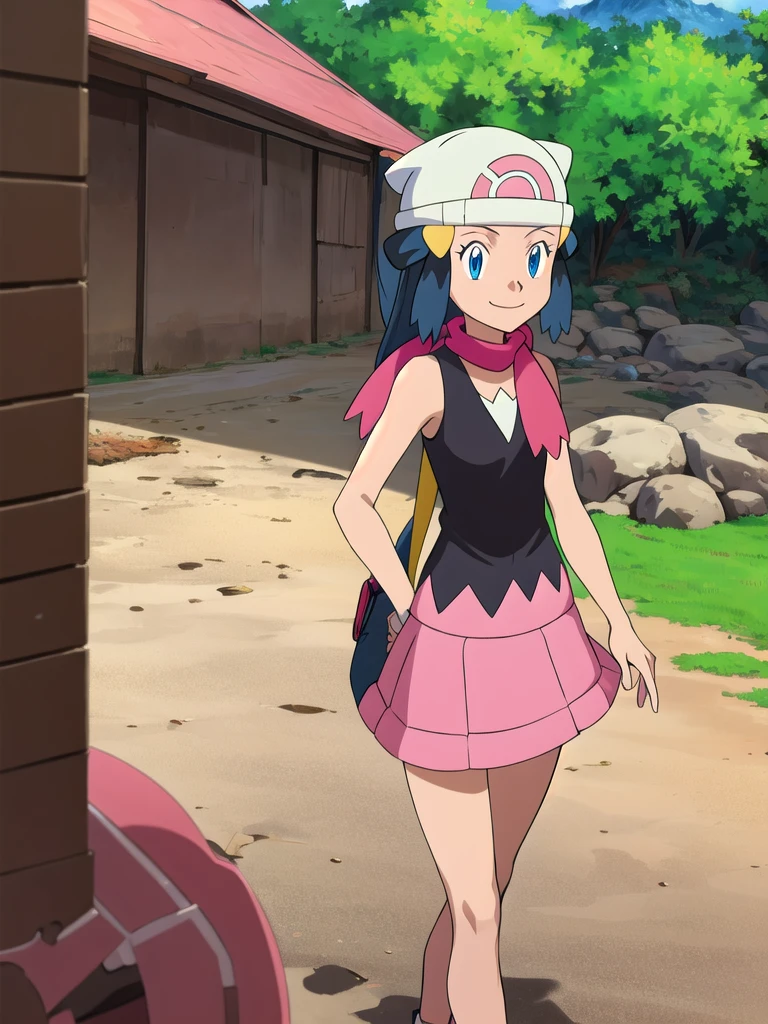 masterpiece, best quality, highres, 1girl, solo, dawn (pokemon), pink scarf, black shirt, pink skirt, hat, outdoors, bare shoulders,smile