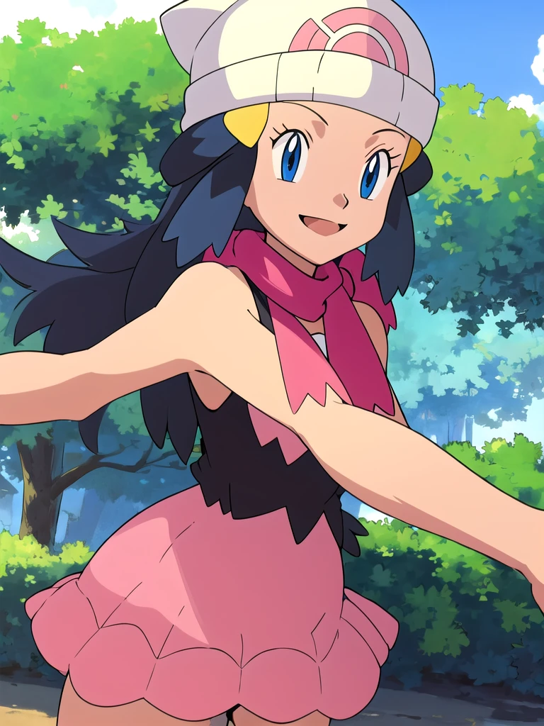 masterpiece, best quality, highres, 1girl, solo, dawn (pokemon), pink scarf, black shirt, pink skirt, hat, outdoors, bare shoulders,smile