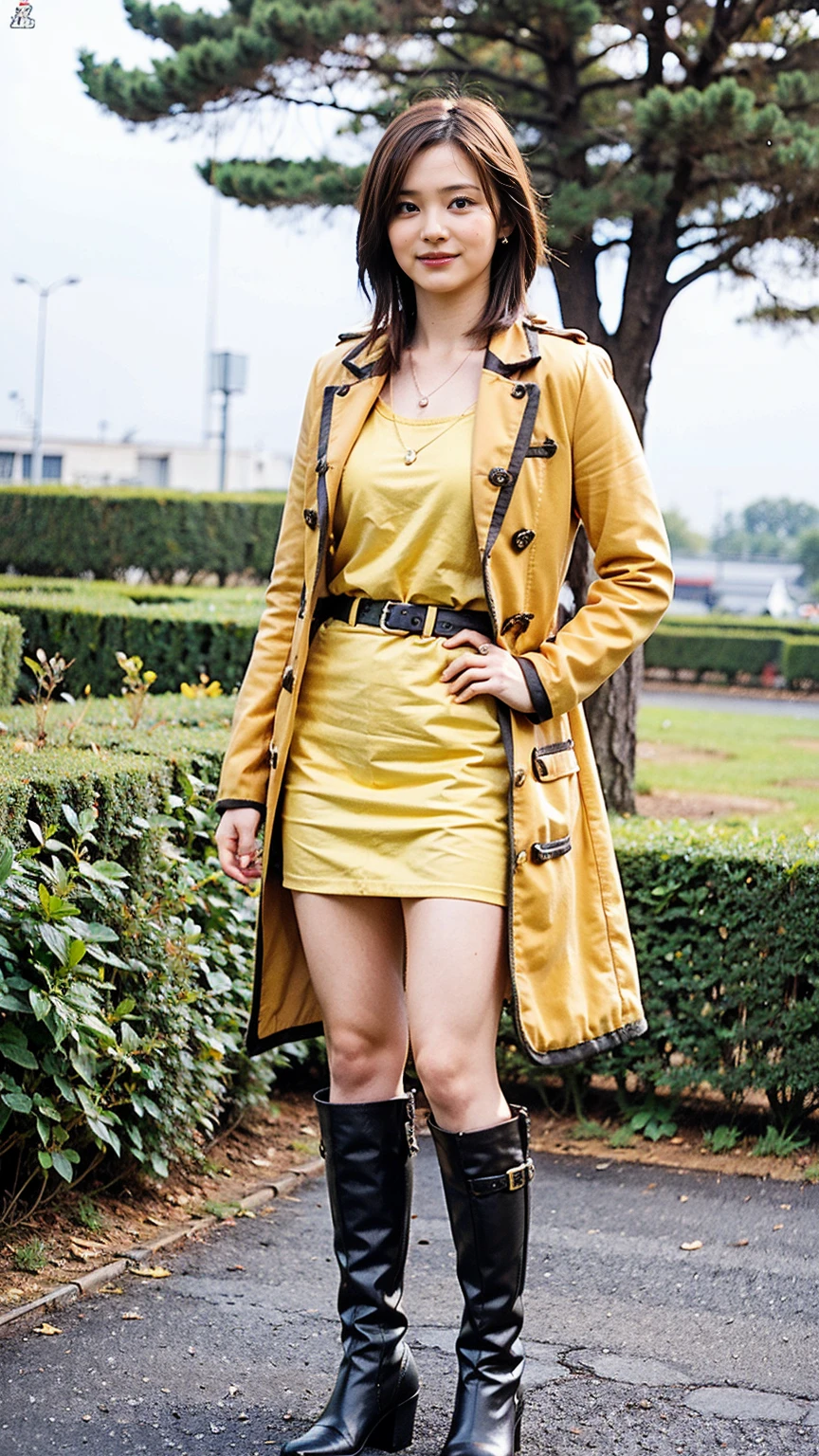 (8K、RAW Photos、Highest quality、masterpiece:1.2)、(Realistic、Realistic)、1 Girl、((Yellow long coat、Black short skirt、smile、Thin legs、whole body、boots、one piece、garden、View from the front、Looking into the camera、belt、Stand with hands on hips))、cute