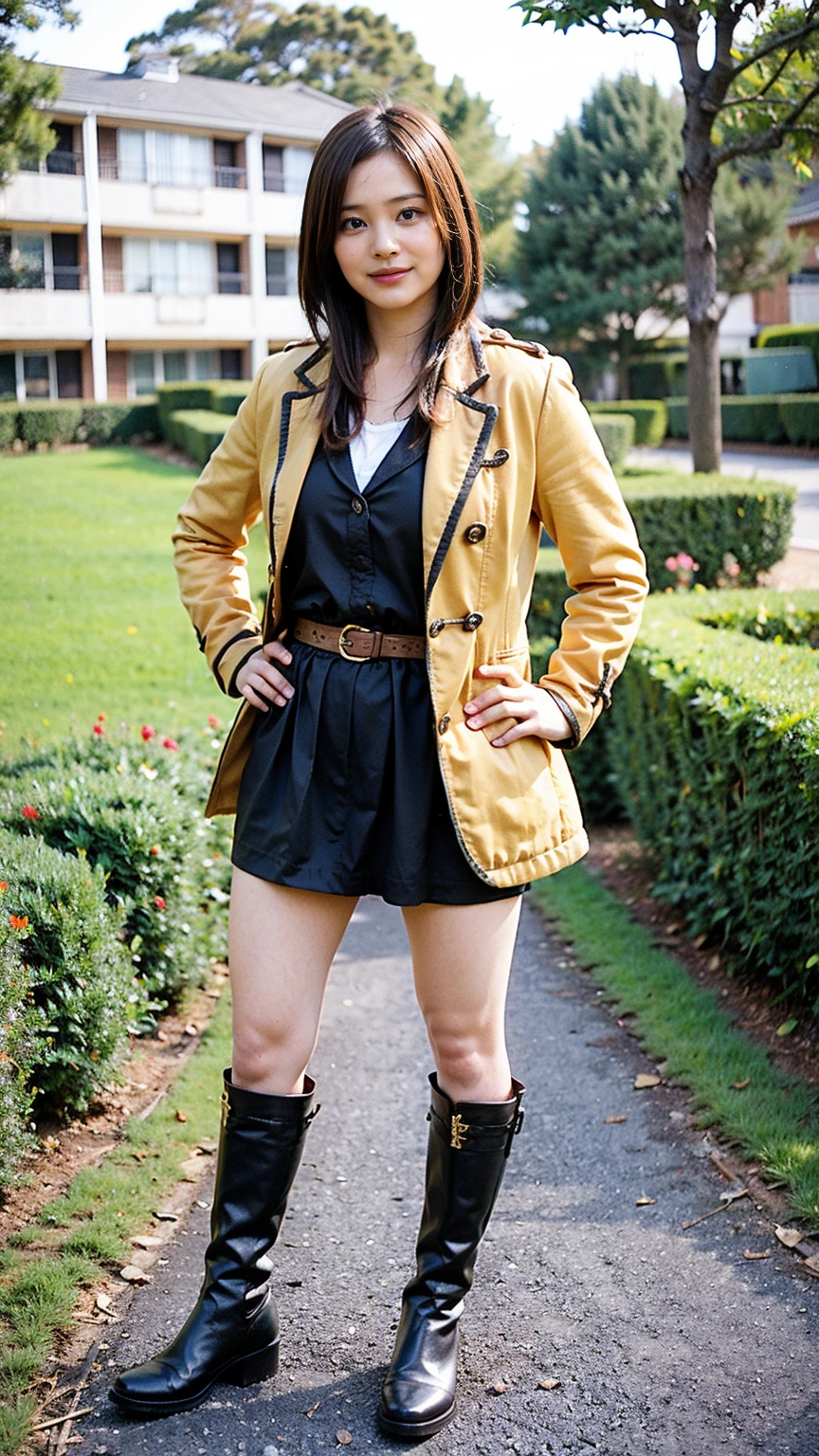 (8K、RAW Photos、Highest quality、masterpiece:1.2)、(Realistic、Realistic)、1 Girl、((Yellow long coat、Black short skirt、smile、Thin legs、whole body、boots、one piece、garden、View from the front、Looking into the camera、belt、Stand with hands on hips))、cute