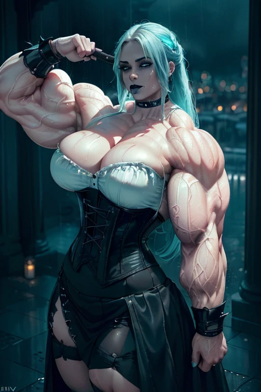 (((((Massive, beautiful, buff, wet, pale white skinned muscular woman with cyan hair, black lipstick, ginormous bulky muscles and wearing a gothic corset with a beautiful long gothic skirt))))), (close view), massive muscles, hyper muscles, long beachy hair, ((black gothic corset)), ((beautiful long gothic skirt)), purple eyes, choker, (spiked gauntlets), black boots, (in a rainstorm Darkened city), ((Dark and moody universe:1.3)), close smile, night, massive arms