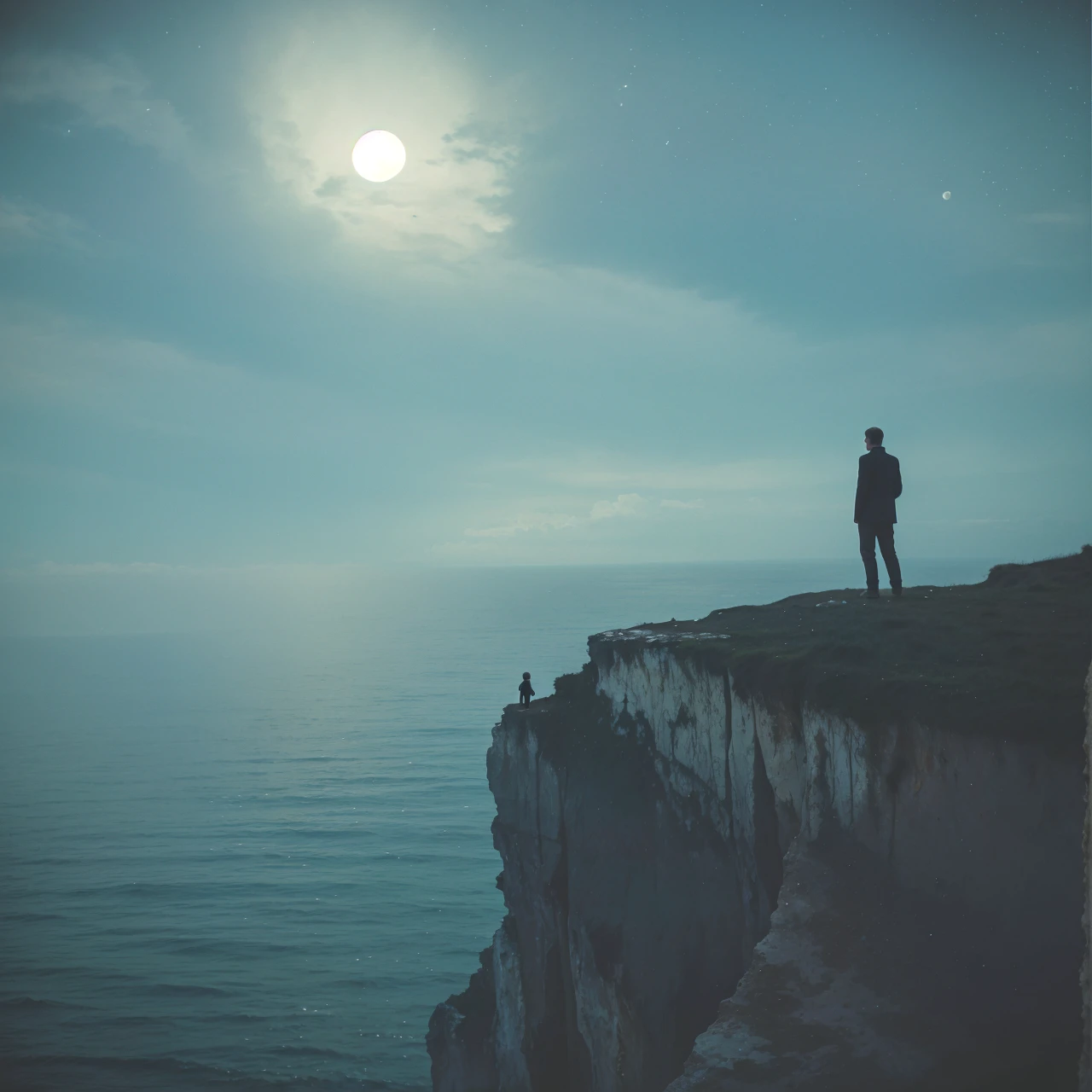 there is a man standing on a cliff looking at the moon, standing on a cliffside, standing in moonlight, standing on a cliff, standing on the edge of a cliff, photographed on damaged film, edge of the world, looking into the distance, on a cliff, looking off into the distance, atmospheric cool colorgrade, photographed on expired film