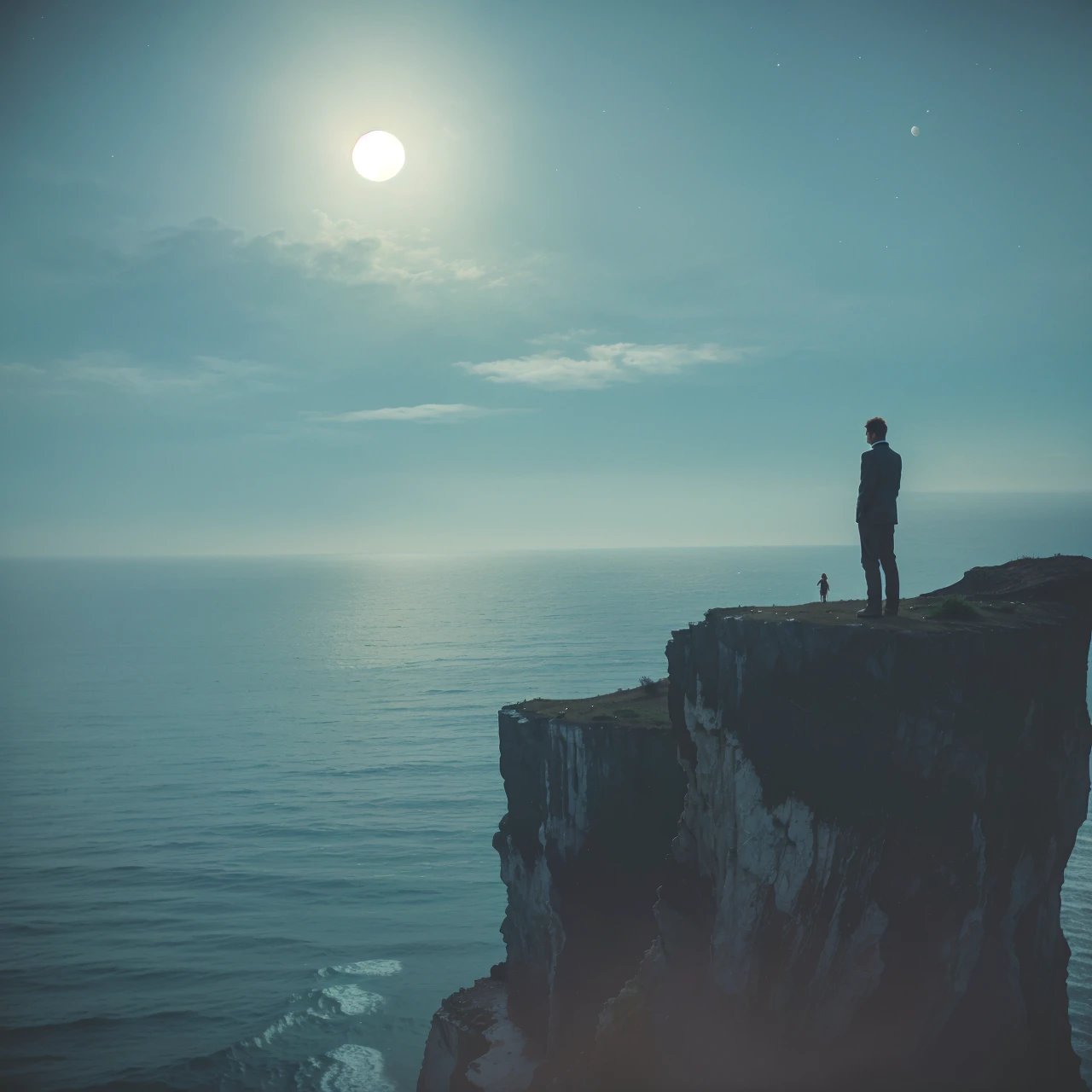 there is a man standing on a cliff looking at the moon, standing on a cliffside, standing in moonlight, standing on a cliff, standing on the edge of a cliff, photographed on damaged film, edge of the world, looking into the distance, on a cliff, looking off into the distance, atmospheric cool colorgrade, photographed on expired film