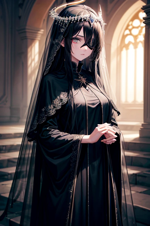 a young dark fantasy church priestess, with long black hair and white streaks, wearing an eyepatch on one eye, and her blueish green eyes, she cares a serious expression on her face and an angel like appearance, she wears elegant yet simple and modest black outfit, with some silver jewelry, she also wears a long see through veil on her head, with a faded sliver star shaped halo at the behind her head, she is holding her hands together symbolizing a prayer gesture.