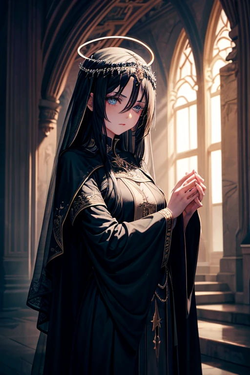 a young dark fantasy church priestess, with long black hair and white streaks, wearing an eyepatch on one eye, and her blueish green eyes, she cares a serious expression on her face and an angel like appearance, she wears elegant yet simple and modest black outfit, with some silver jewelry, she also wears a long see through veil on her head, with a faded sliver star shaped halo at the behind her head, she is holding her hands together symbolizing a prayer gesture.