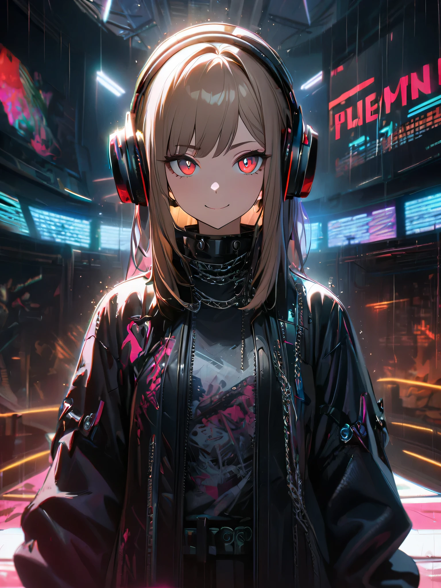 1 Girl, chromatic aberration, Written boundary depth, Soft Light, masterpiece, Highest quality, complicated, Tone Mapping, Very detailed, Art Station, Concept Art, Smooth, Clear focus, Dramatic lighting, Very detailed artwork, movie, super practical painting, Art Station's trending, 8K, Incredible Shadows, practical, (Very detailed background:1.0), whole body, View, Viewers, Very detailed portrait of one girl 1, standing on street corner, Heavy rain and lightning、Dark Sky, neon and cyber punk background, she is dressed in punk clothing with silver chains and silver spikes, Her hair was dyed light brown.....,The middle part is black, She is wearing headphones, Detailed red eyes with clear pupils, Ominous aura of light, A happy smile, punk, ciber punk, Backlight.Fashionable clothes、No knowledge of horses'tail、Dress code: casual,Her hair is tied up cutely.Sexy expression