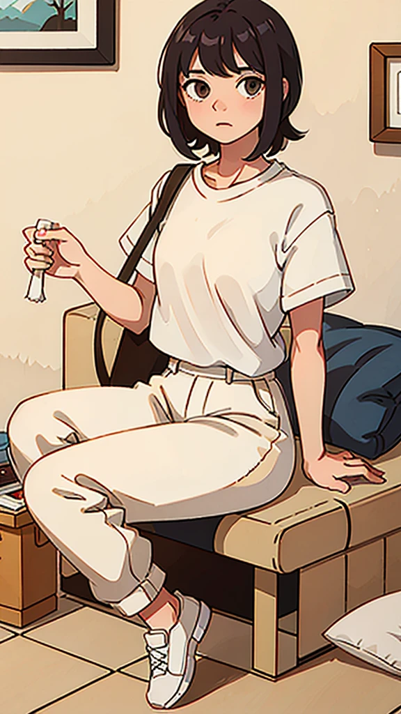 with fringe, , in a white t-shirt and beige pants and white shoes