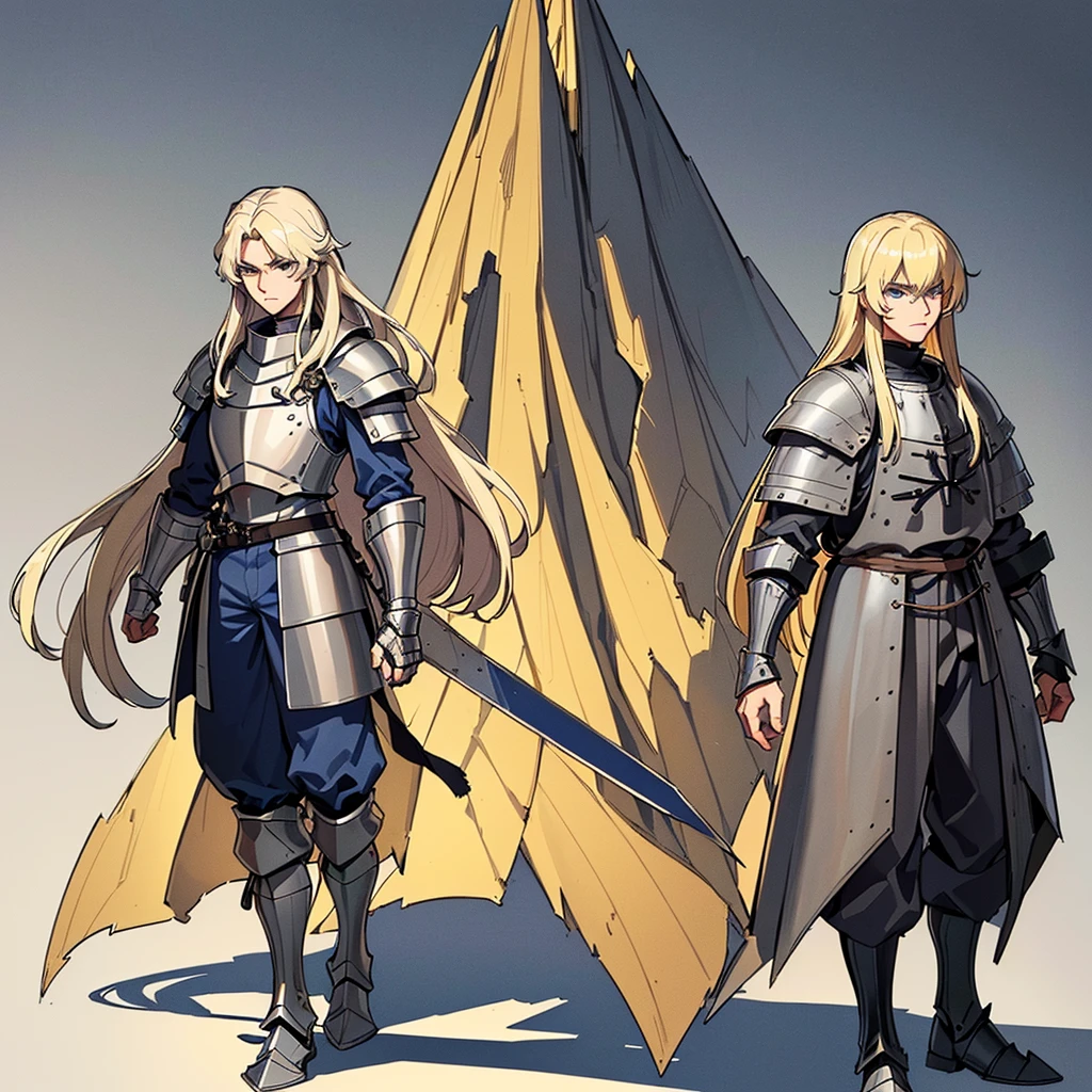 (Full body character concept)、((((Solo))))、Highest quality, Best Quality, Best illustrations, (((Grey Armor)))、(((Blond long hair man、Long-haired man、male、24-years-old、Cool guy)))、(Medieval Knight)、(Navy blue trousers)、True Face、(get annoyed)、(Living in the desert)、(White background)、walk