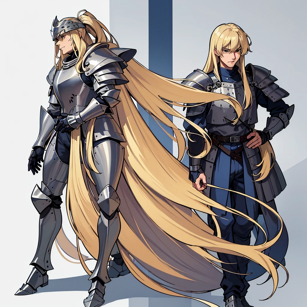 (Full body character concept)、((((Solo))))、Highest quality, Best Quality, Best illustrations, (((Grey Armor)))、(((Blond long hair man、Long-haired man、male、24-years-old、Cool guy)))、(Medieval Knight)、(Navy blue trousers)、True Face、(get annoyed)、(Living in the desert)、(White background)、walk