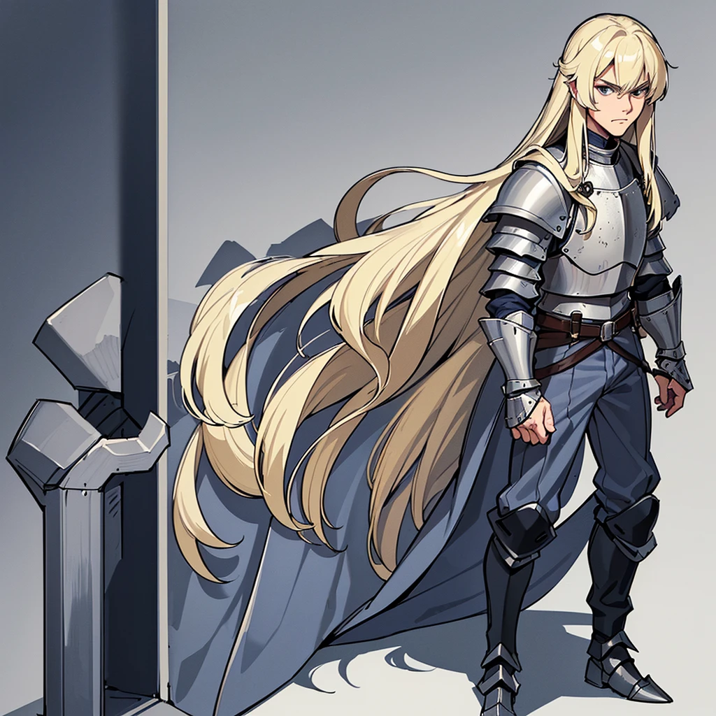 (Full body character concept)、((((Solo))))、Highest quality, Best Quality, Best illustrations, (((Grey Armor)))、(((Blond long hair man、Long-haired man、male、24-years-old、Cool guy)))、(Medieval Knight)、(Navy blue trousers)、True Face、(get annoyed)、(Living in the desert)、(White background)、walk