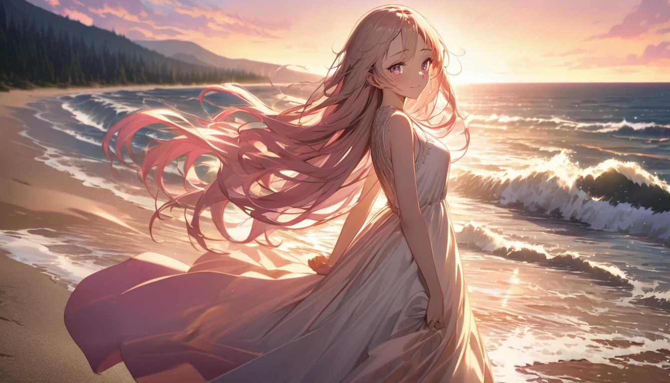 Anime girl, standing on a beach, during sunrise, sky painted in gold and pink hues, long flowing hair, bright expressive eyes filled with love and determination, wearing a light flowing dress, hands hidden behind her back, waves crashing softly on the shore behind her, sun casting a warm golden light over everything, serene beach transitioning into a distant forest and mountains, symbolizing the journey ahead, scene conveying peace hope and unwavering support, soft natural lighting enhancing the emotional depth, no other people or distractions present, focusing solely on the girl and the beautiful landscape, highly detailed face, beautiful facial features, clear skin, expressive eyes, delicate smile, natural and soft lighting on the face