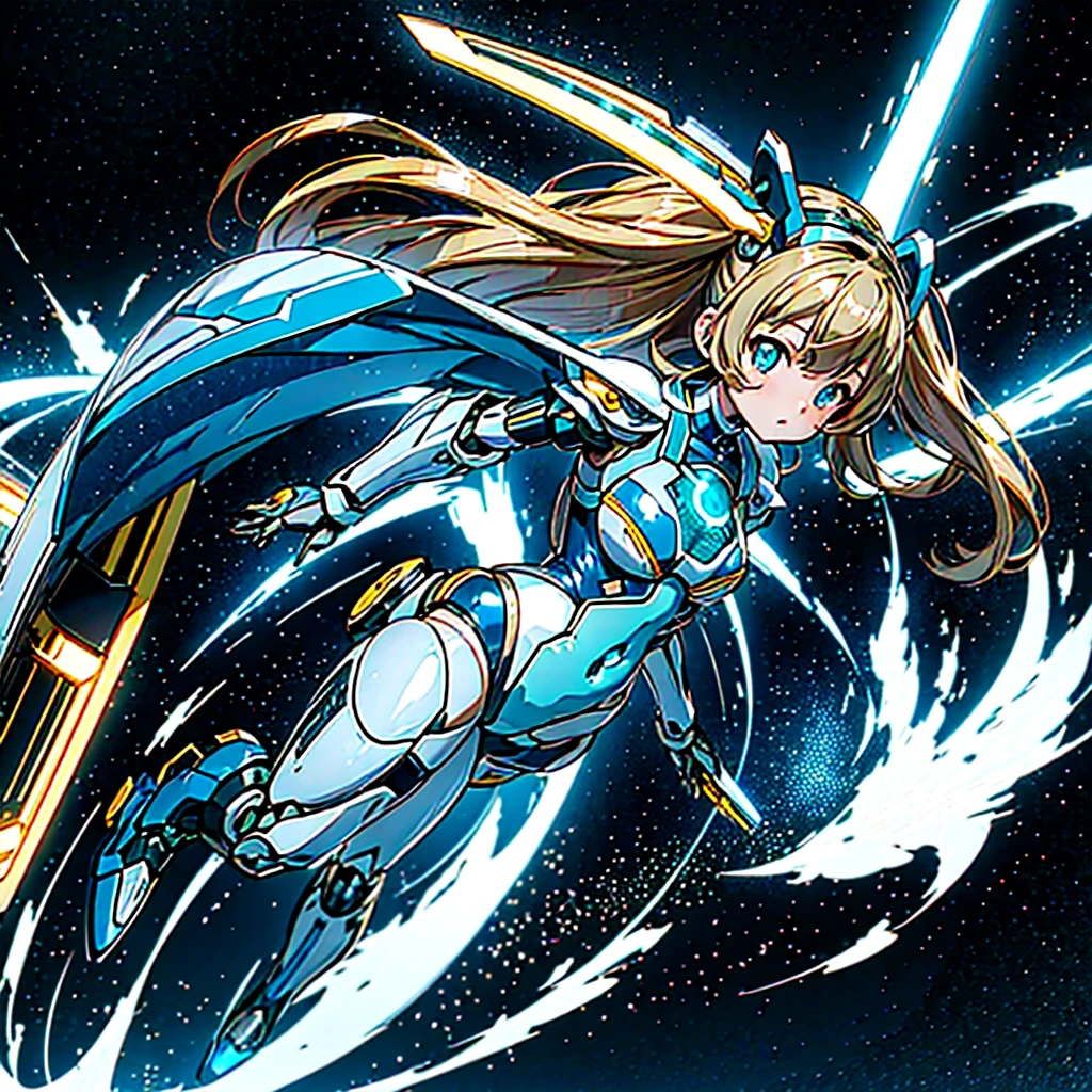 masterpiece, high quality, Minami Kotori, who has been turned into a mechanical body cyborg、Gynoid cyborg body modification surgery、mechanical parts、Blue and white leotard armor、solo focus、Single image、from front, full body、Mechabare、The body cover is open, exposing the precision machinery.、Black background