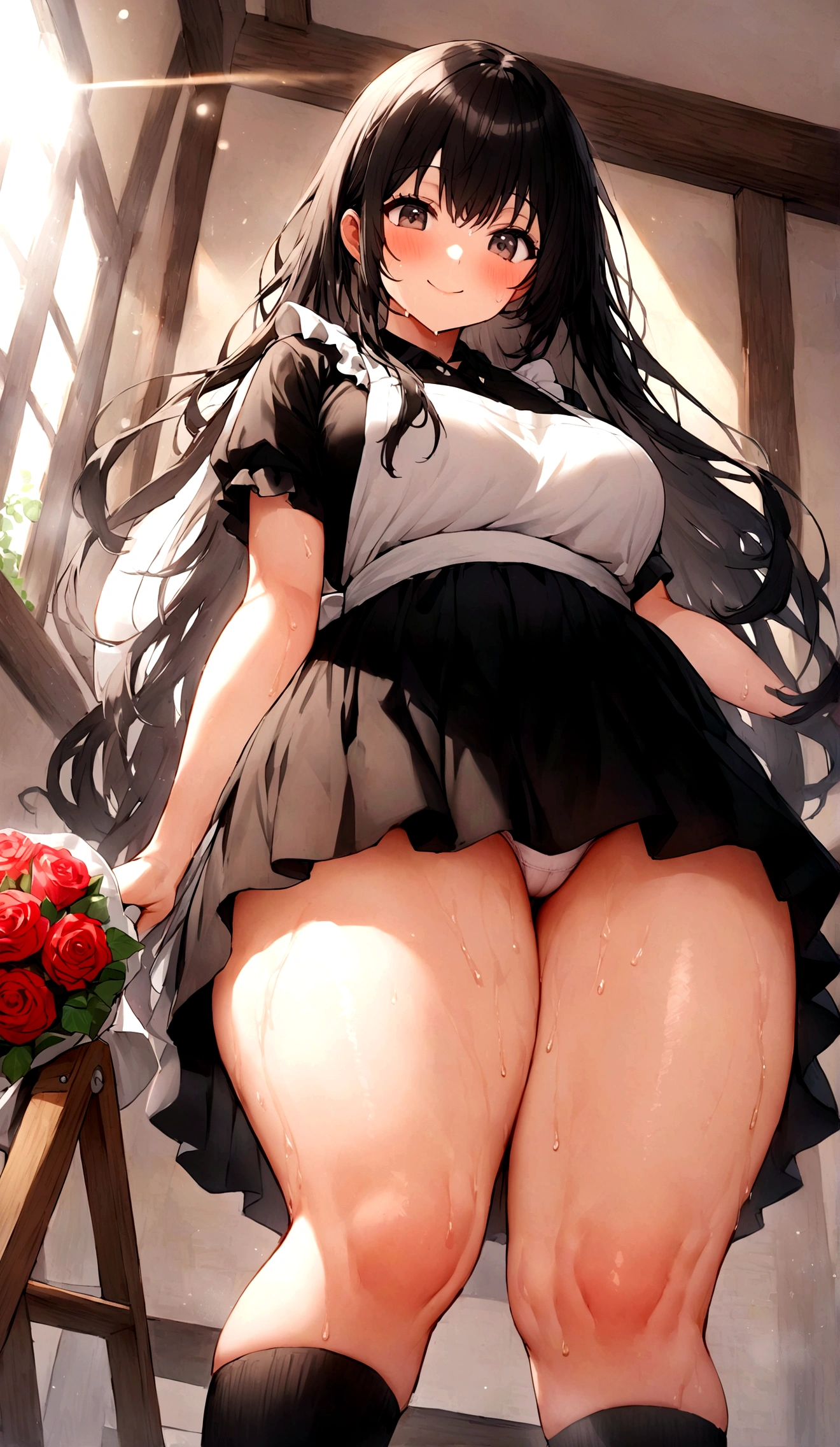 One Woman、One Man、The man is looking up her skirt、Beauty、Florist、All around me are flowers、淫乱Florist店員、Floristの店員、Age 25、flare skirt、Looking down at the viewer, Loose and fluffy long hair, Highest quality, Focus on the thighs, smile, panties、Plump thighs、Big Ass、Big 、 Black Hair,My thighs are steaming between the legs 、Sweaty knee-high socks、Angle from directly below、Waiting for a bouquet、apron、Climbing on a stepladder