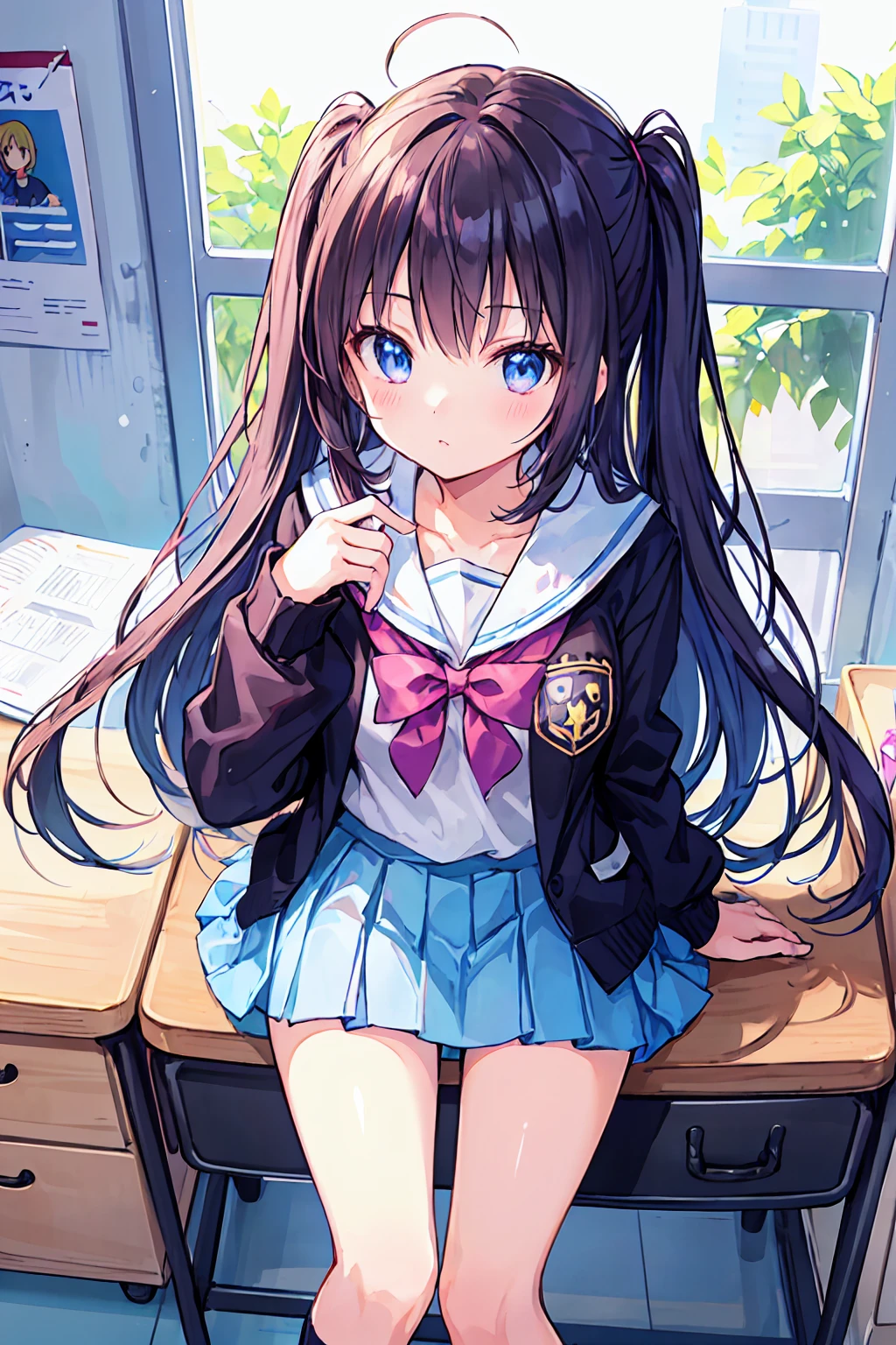 masterpiece、Top image quality、超A high resolution、miku hatsune、blue hairs、Twin-tailed、Blushing、mock、Open your mouth just a little、Short sleeve student sailor suit costume、Wearing socks、Inside the classroom