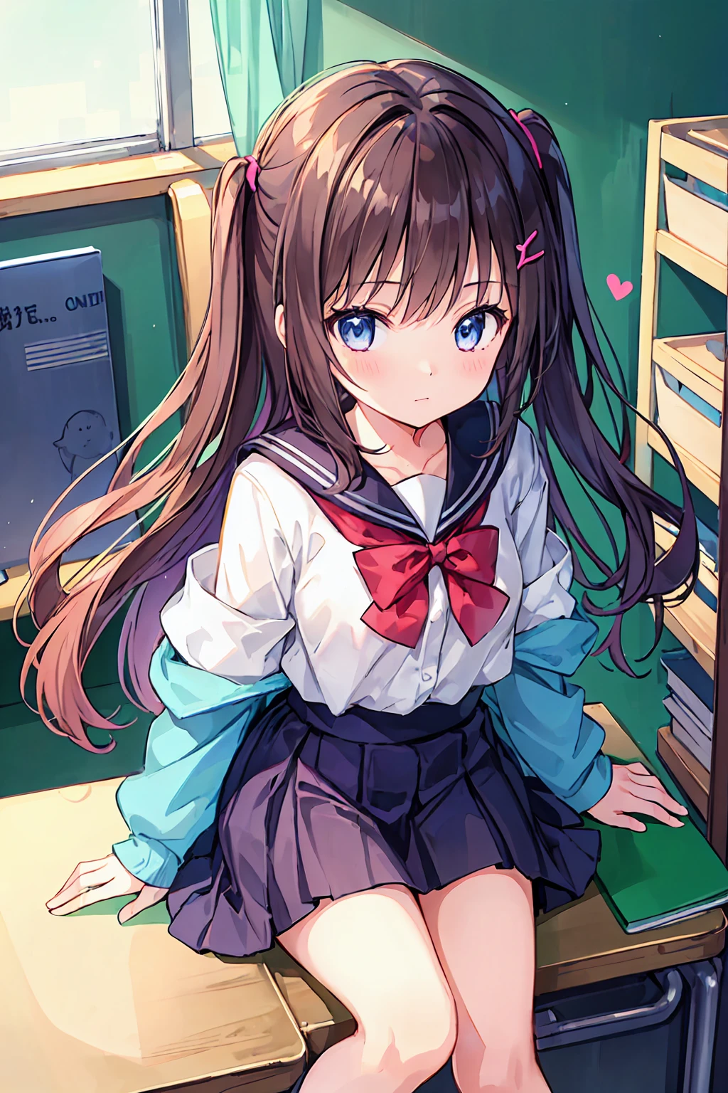 (Highest quality:1.3)、One Girl、high school girl、mini skirt、desk work、get up、Angle from directly above、Cute anime illustrations、