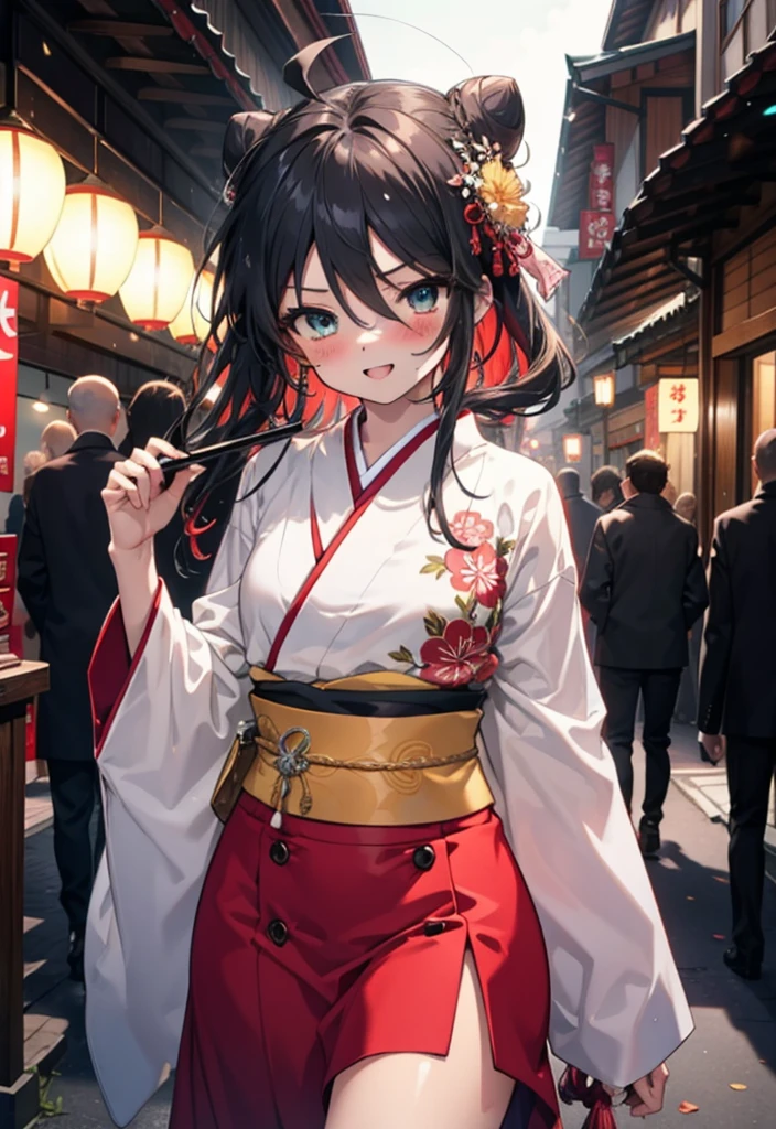 Shana,灼眼のShana,Long Hair, Red hair,Red eyes,Ahoge,smile,blush,Open your mouth,Hair Bun, single Hair Bun,blush,Red Kimono,Thick sleeves,Red long skirt,日本のfestival,夏festivalの屋台,Red lantern,So that the whole body goes into the illustration,Walking, break looking at viewer, Upper Body (Cowboy Shot:1. 5), break outdoors, shrine,festival, break (masterpiece:1.2), Highest quality, High resolution, unity 8k wallpaper, (shape:0.8), (Beautiful and beautiful eyes:1.6), Highly detailed face, Perfect lighting, Highly detailed CG, (Perfect hands, Perfect Anatomy),