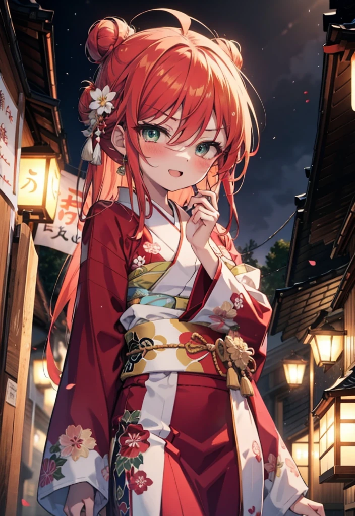 Shana,灼眼のShana,Long Hair, Red hair,Red eyes,Ahoge,smile,blush,Open your mouth,Hair Bun, single Hair Bun,blush,Red Kimono,Thick sleeves,Red long skirt,日本のfestival,夏festivalの屋台,Red lantern,So that the whole body goes into the illustration,Walking,　　　　　　　　　　　  break looking at viewer, Upper Body (Cowboy Shot:1. 5),  　　　　　　　　　　　　　　　　　　break outdoors, shrine,festival, 　　　　　　　　　　　　　break (masterpiece:1.2), Highest quality, High resolution, unity 8k wallpaper, (shape:0.8), (Beautiful and beautiful eyes:1.6), Highly detailed face, Perfect lighting, Highly detailed CG, (Perfect hands, Perfect Anatomy),