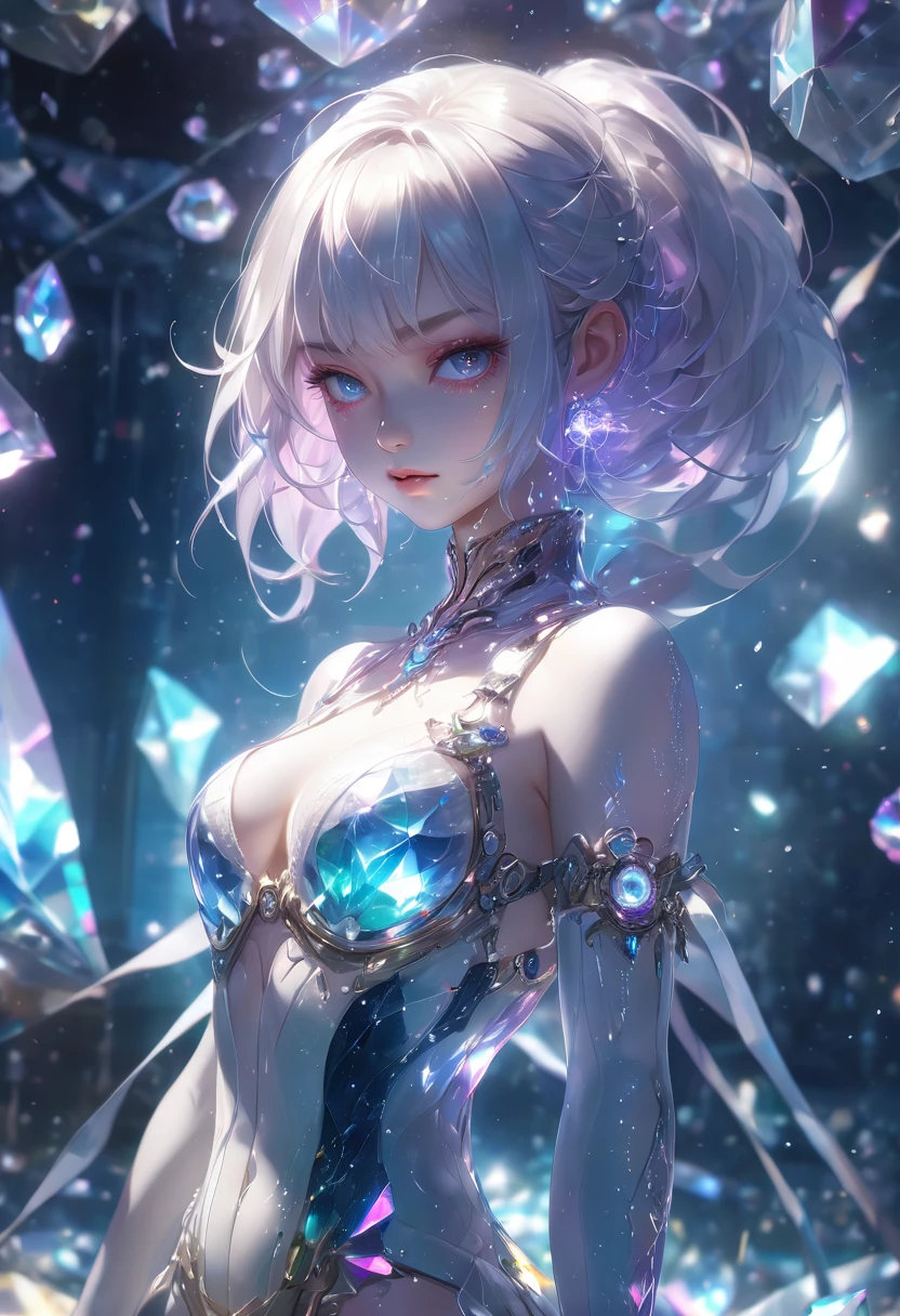 crystal covered, (Full body :1.3), alternate color, masterpiece, detailed illustration, realistic, pixiv top quality, exquisite, {{{kawaii 1girl}}}, ultra beauties who fuse with machines, glitter beautiful female, Half of my body is made of machines, cinematic lighting, dynamic angle, dynamic pose, crystal world, depth of field,Shiny socks,Crystal stockings,Crystal high heels