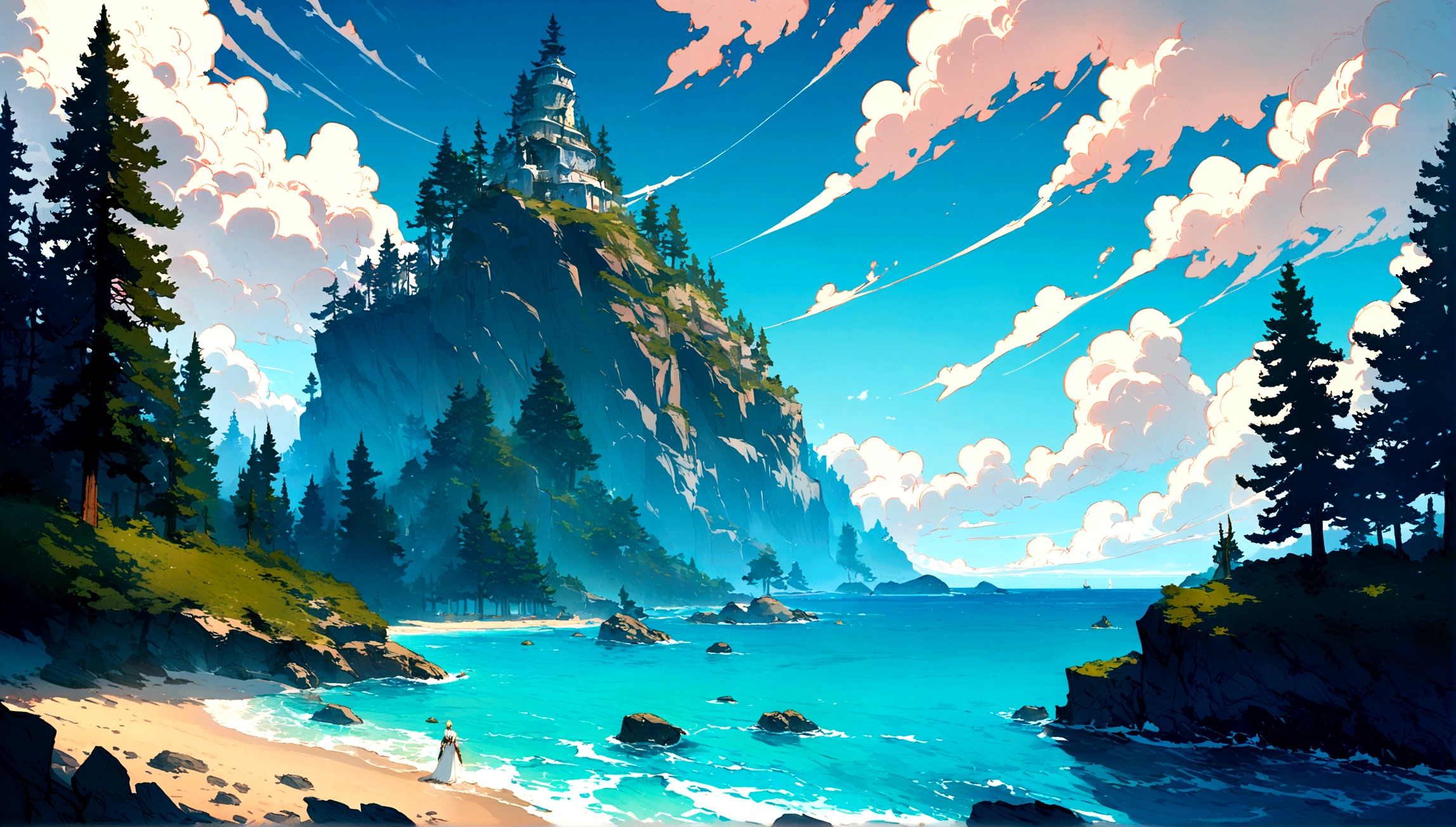 A warrior, fully body, rear view, paisagem de fantasia, mar, sea, ocean, sky white clouds, some pine trees, detailed 4K concept art, 8K