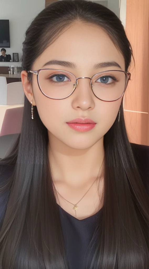 Beautiful big breastokeh), indoors, detailed luxury living room, gentle and charming beautiful goddess, Korean(kpop-idol), solo, necklace, oval face, double eyelids, smart, good hands, good feet, Natural, (from below angle), (glossy skin:1.05), ((low angle)), Perfect figure, (64k, UHD, RAW photo, best quality, masterpiece:1.4), (realistic, photo-realistic:1.37), ultra high res, photon mapping, radiosity, physically-based rendering, professional soft lighting, blue eyes, purpel hair