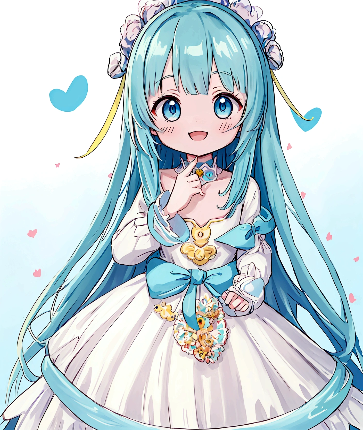 One person、,, ((Anime Girls)),　body color is green、Light blue long hair、White dress、、Flat chest、Very detailed, ((masterpiece, Highest quality;1.3)) , An innocent smile、laughing、whole body