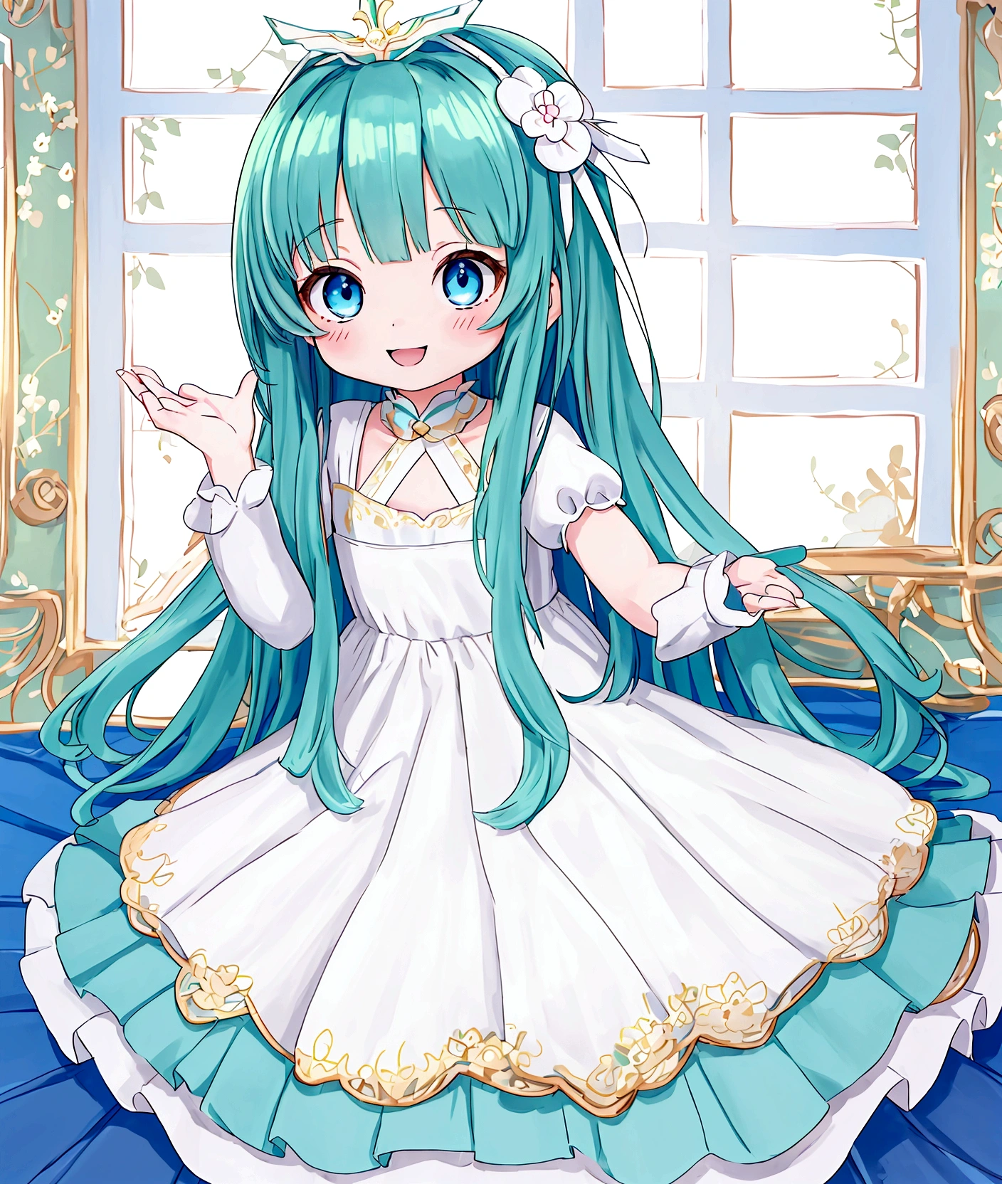 One person、,, ((Anime Girls)),　body color is green、Light blue long hair、White dress、、Flat chest、Very detailed, ((masterpiece, Highest quality;1.3)) , An innocent smile、laughing、whole body