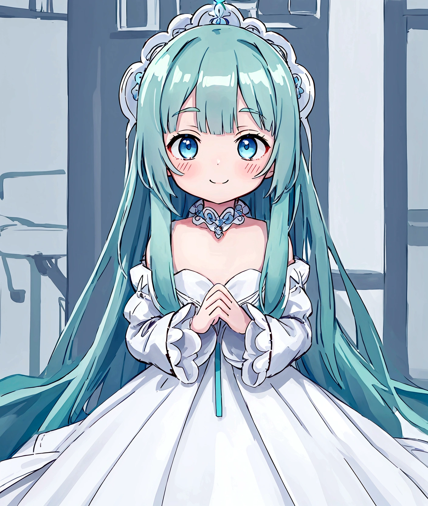 One person、,Baby Face, ((Anime Girls)),　body color is green、Light blue long hair、White dress、、Flat chest、Very detailed, ((masterpiece, Highest quality;1.3)) , An innocent smile、laughing、whole body